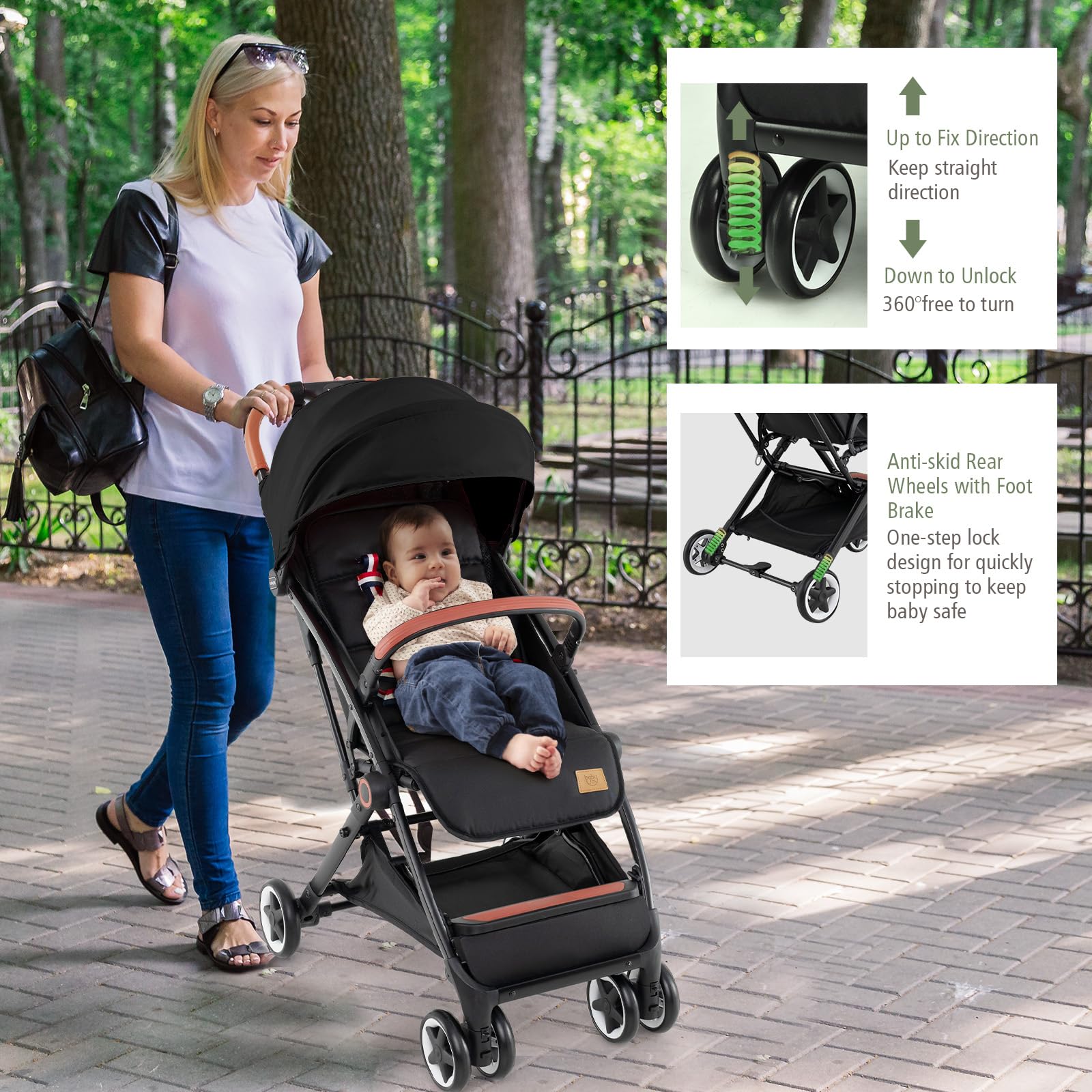 **BABY JOY Lightweight Baby Stroller - Compact Travel Stroller for Airplane & Toddler, 5-Point Safety Harness, Adjustable Backrest, Footrest & Canopy, Storage Basket, Easy One-Hand Fold (Black) - Perfect for Travel, Shopping & Daily Walks**
