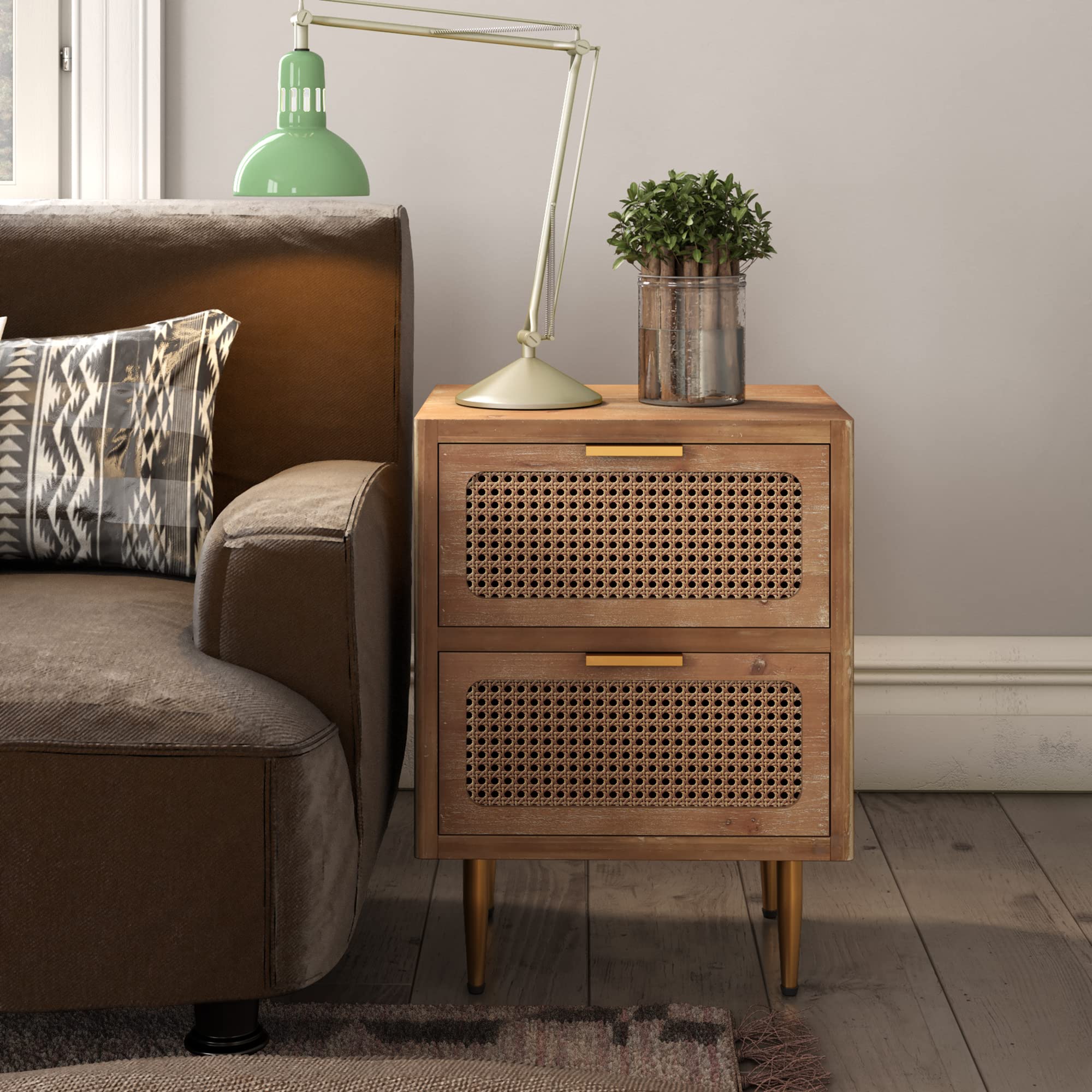 Rustic Farmhouse Nightstand with Woven Fronts & 2 Drawers - Industrial Style Storage End Table for Bedroom | Perfect for Farmhouse, Cottage, or Industrial Decor Bedside Use