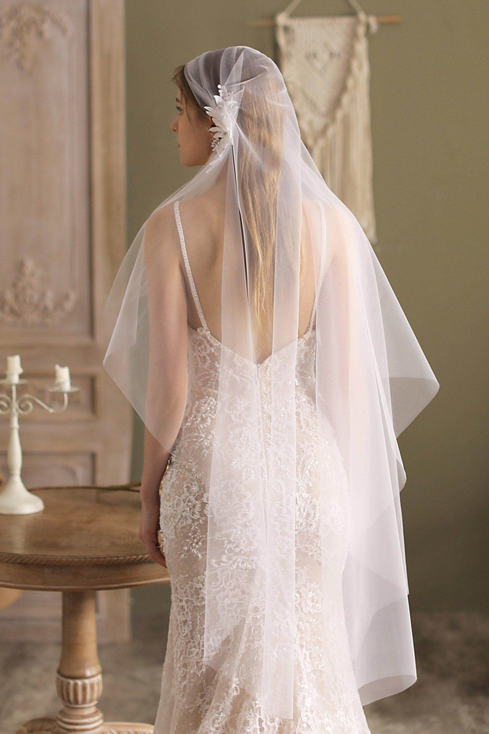 Elegant One-Tier Cut Edge Tulle Hip Veil with Beaded Appliques CV0262 - Perfect for Weddings, Bridal Showers & Formal Events