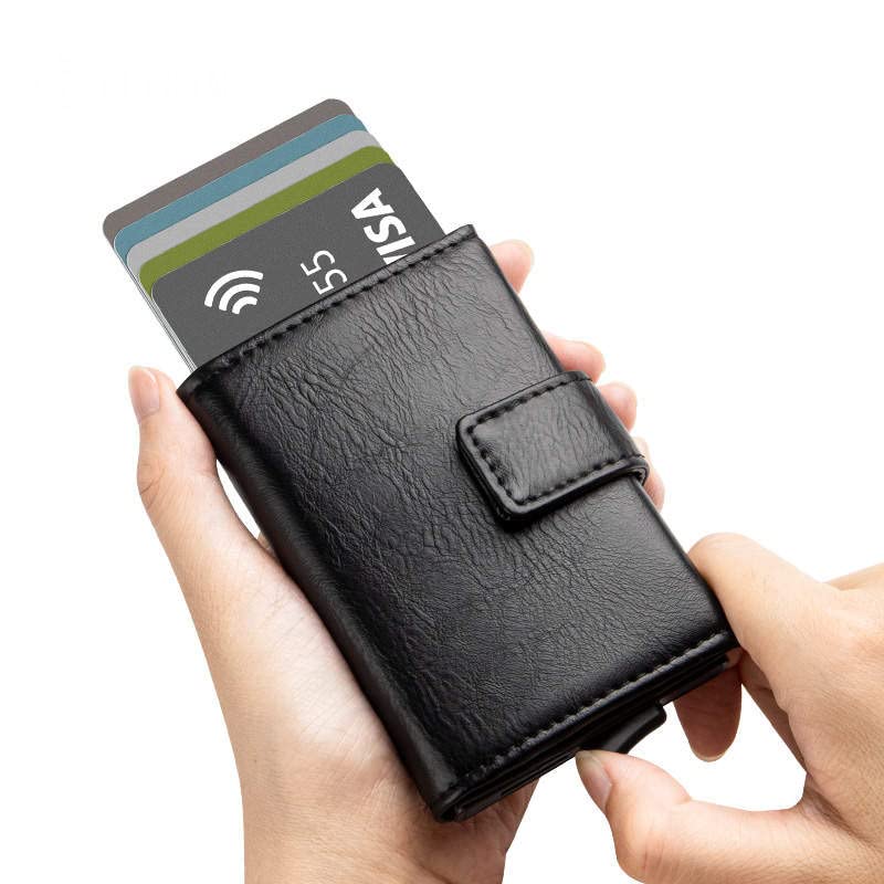 Premium RFID Blocking Smart Leather Wallet for Men - Aluminum Credit & Debit Card Holder with HASP Lock, Quick Access Pop-Up Design | Ideal for Travel, Business & Everyday Use (Black)