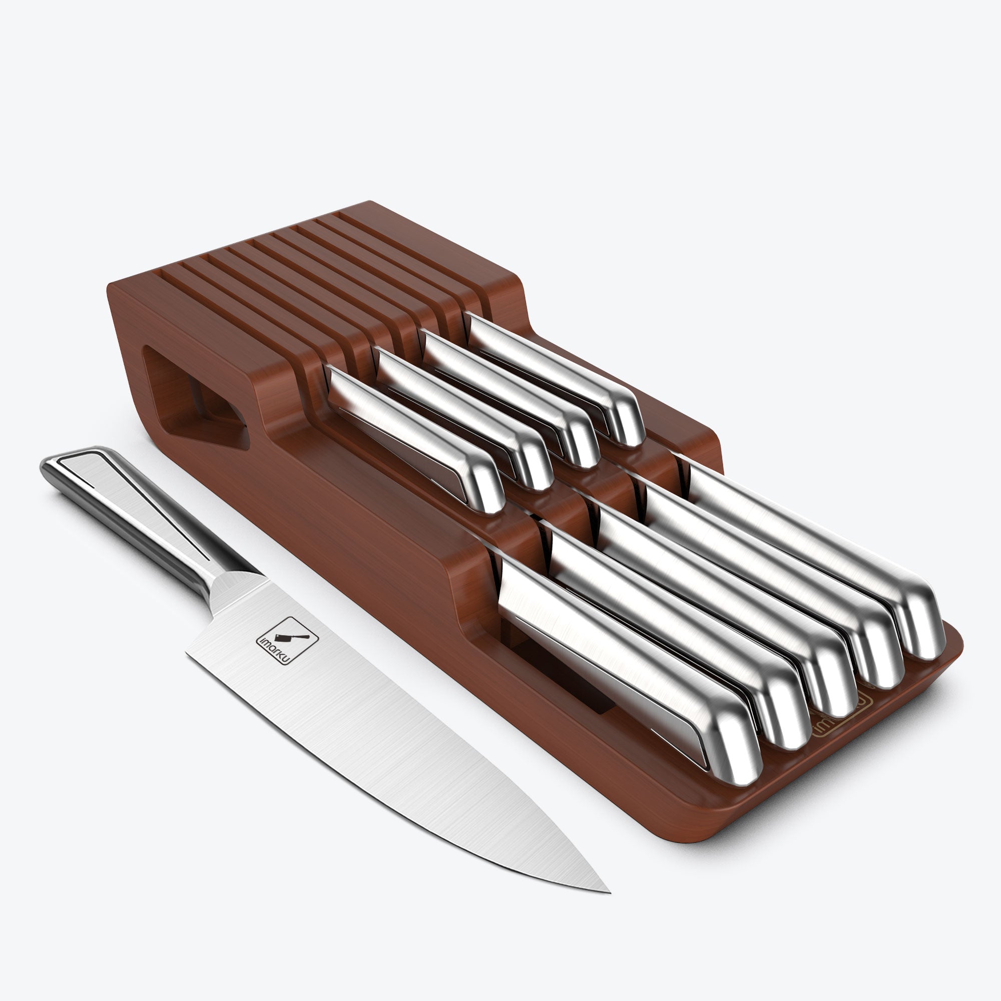 Premium In-Drawer Knife Block Set with 10-Piece Carbon Steel Knives - Perfect for Kitchen Organization & Safe Knife Storage