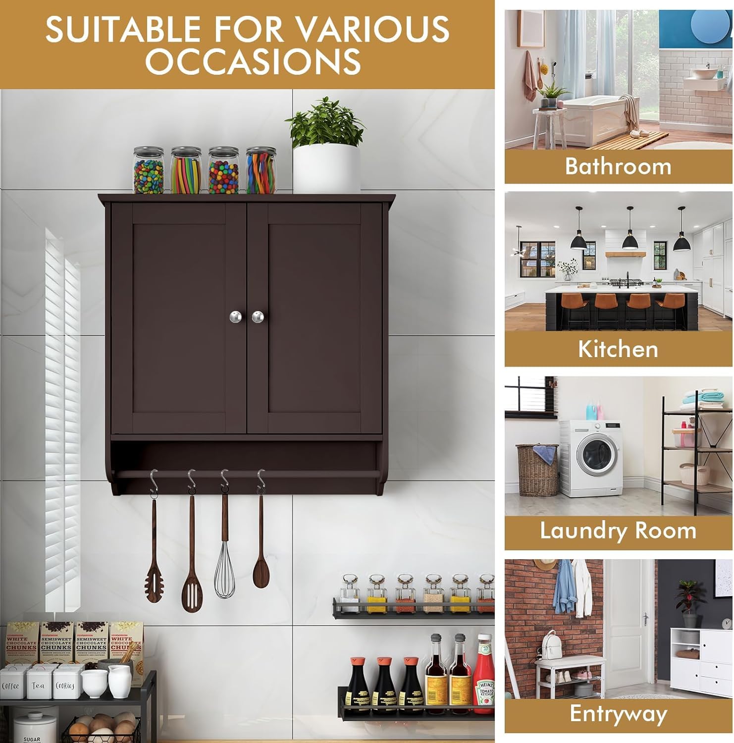 Modern Brown FCH Two-Door Bathroom Storage Cabinet with Upper & Lower Shelves - Kitchen Cupboard, Entryway Organizer for Bathroom, Bedroom & Living Room Storage Solutions