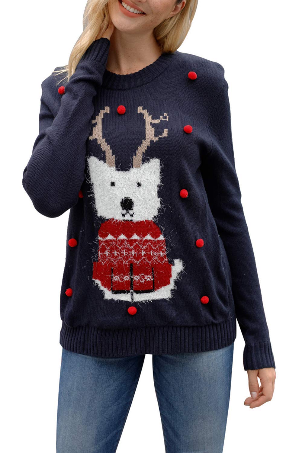 Pink Queen Women's Long Sleeve Knit Christmas Sweater - Festive Ugly Holiday Pullover Jumper for Parties & Family Gatherings
