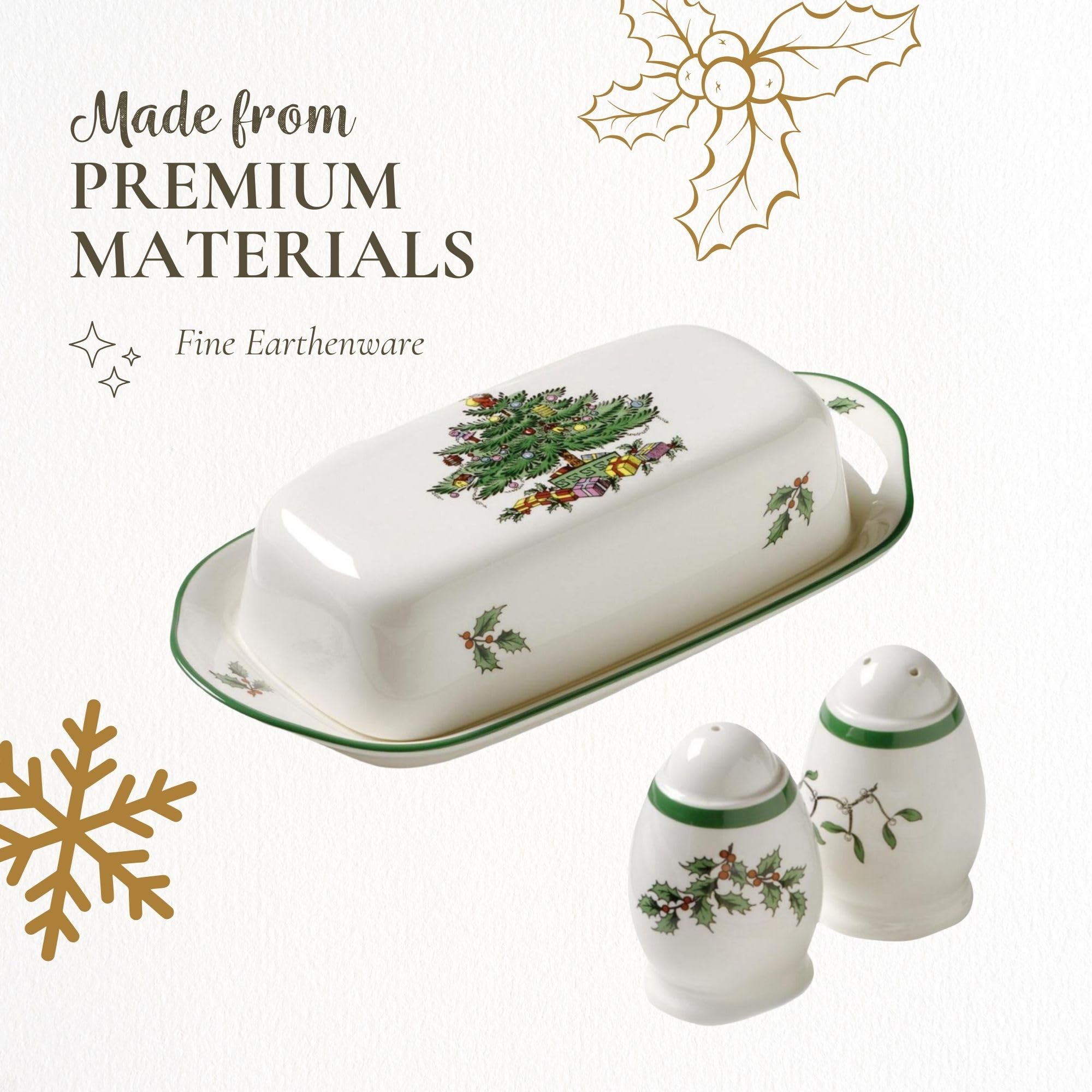 Spode Christmas Tree 3-Piece Hostess Set - Butter Dish with Lid, Salt & Pepper Shakers - Festive Earthenware for Holiday Entertaining - Dishwasher Safe Collectible Gift - Perfect for Christmas Dinner & Hostess Gifts