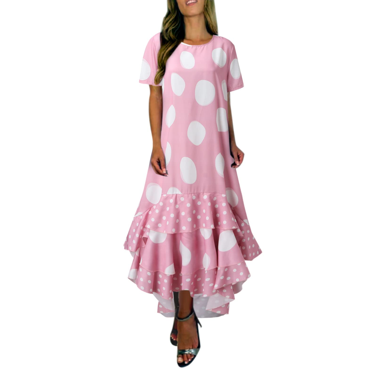 Keep Sunday Women's Short Sleeve Polka Dot Dress with Side Pockets - Elegant Black Long Dress for Funeral, Church, and Formal Occasions