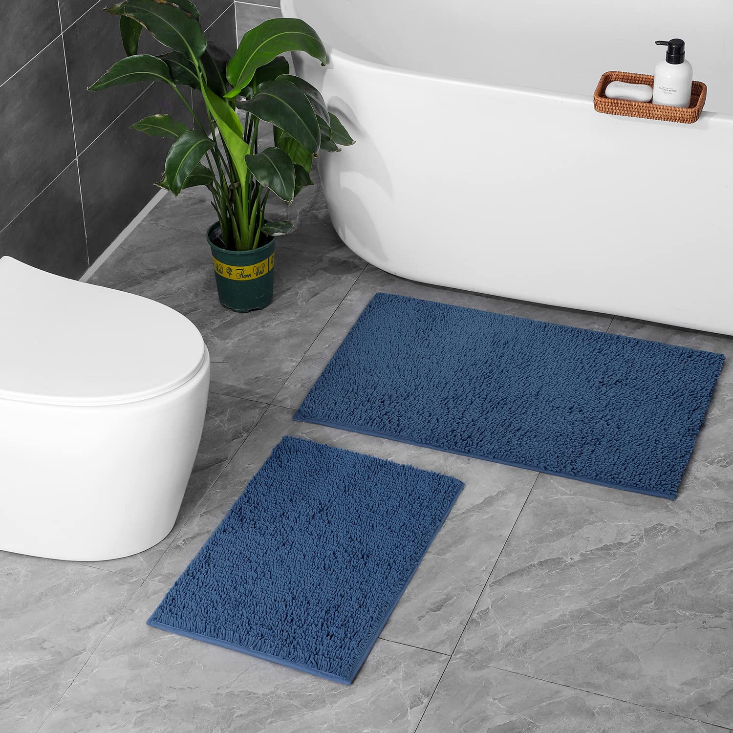 Nulubuu Ultra Soft Chenille Bathroom Rug Set - 2 Piece Absorbent Shaggy Non-Slip Bath Mat for Bathroom, Machine Washable (16