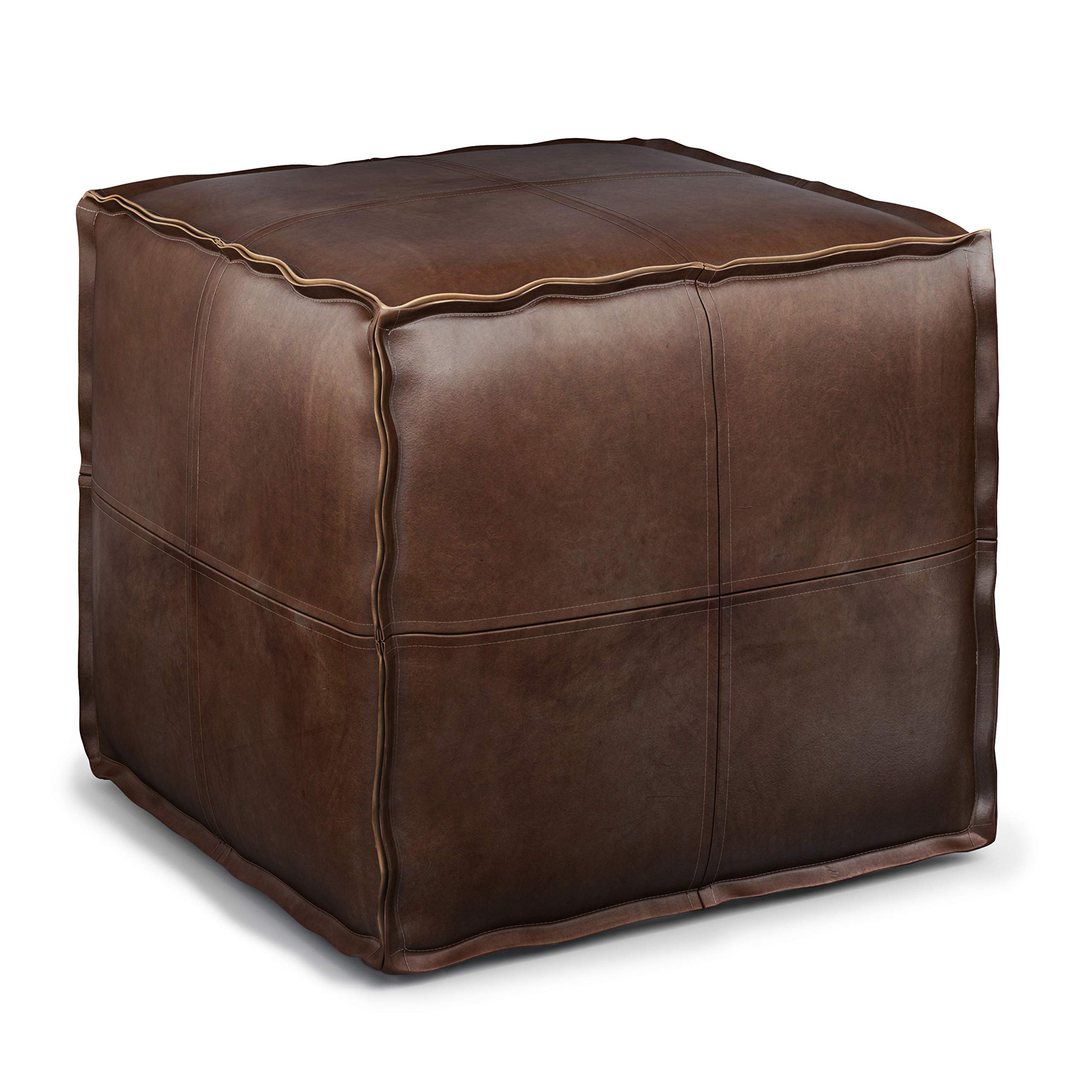 SIMPLIHOME Brody Boho Square Pouf - Distressed Dark Brown Vegan Faux Leather Ottoman - Perfect for Living Room, Bedroom & Kids Room - Great for Extra Seating, Footrest or Decorative Accent
