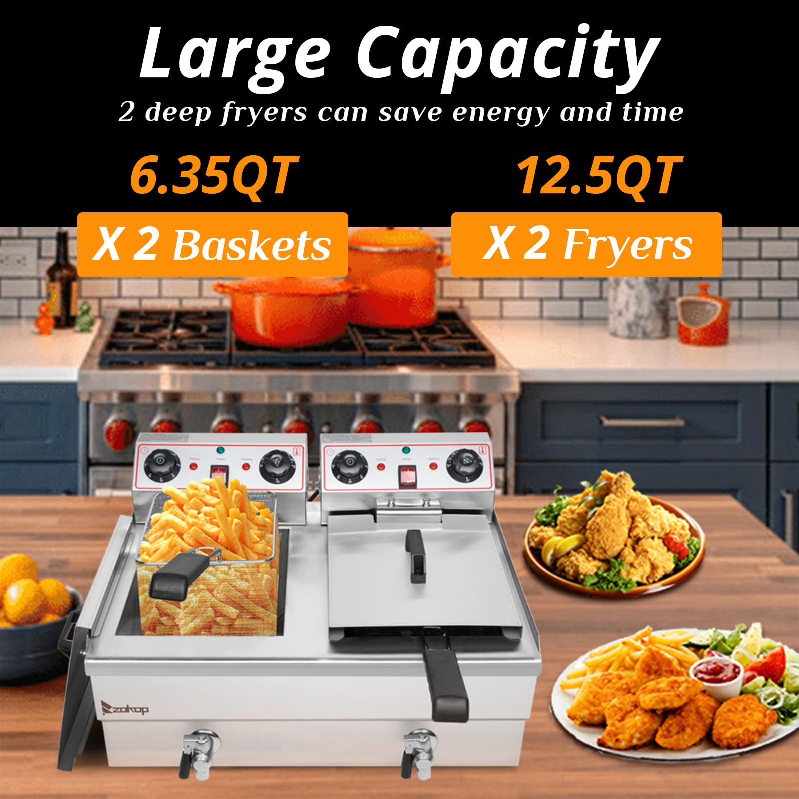 Winado 24.9QT Commercial Electric Deep Fryer with Timer & Oil Filtration System - Dual Tank Countertop Fryer with Adjustable Temperature Control, Drain Valve, Baskets & Lids - 3400W 110V for Home, Restaurant & Catering - Perfect for Frying Chicken, Fish, French Fries & Donuts