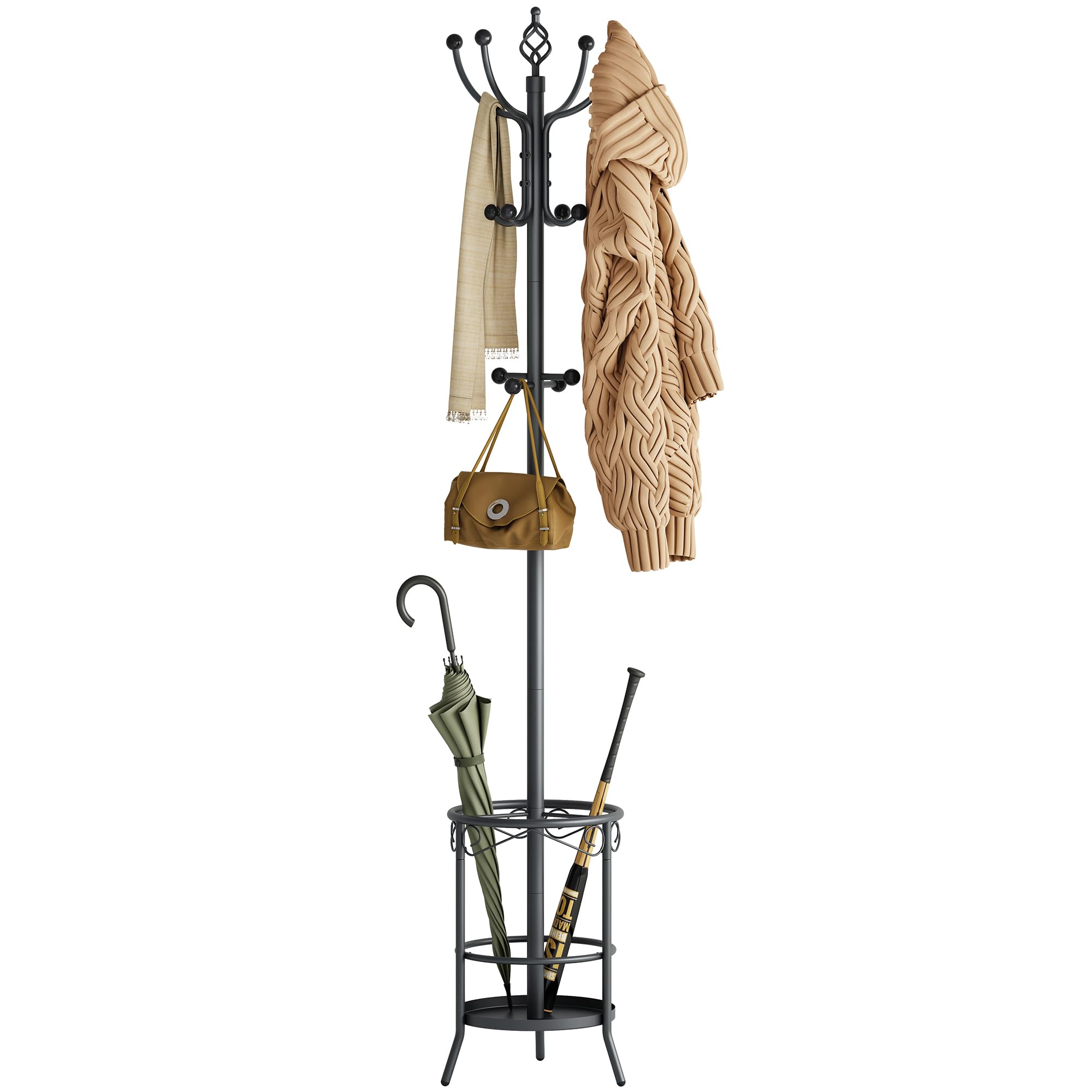 Tajsoon Coat Rack Stand with Umbrella Holder - 12 Hooks Entryway Organizer for Jackets, Hats & Bags | Perfect for Living Room, Bedroom & Office Decor | Space-Saving Hallway Storage Solution