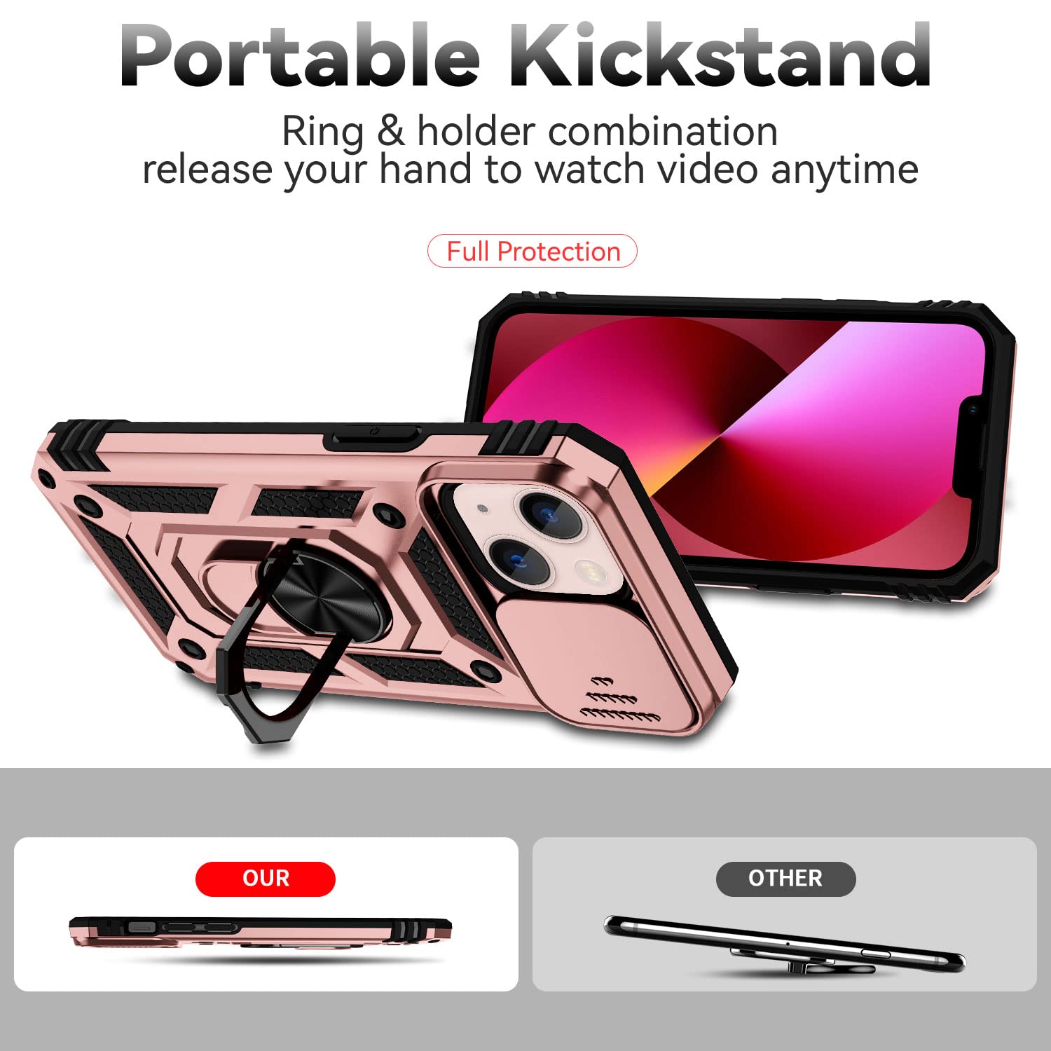 Hitaoyou iPhone 13 Case with Camera Cover & Kickstand - Military Grade Shockproof Heavy Duty Protective Magnetic Phone Cover for iPhone 13 (Rose Gold) - Perfect for Outdoor Activities, Travel & Daily Use