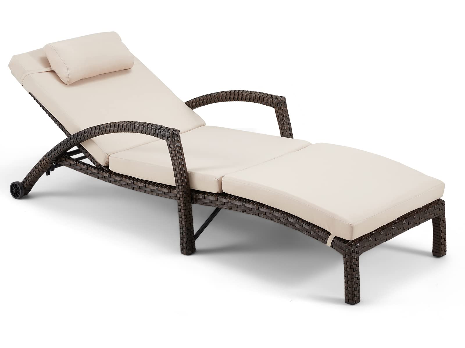 HOMREST Adjustable 6-Position Outdoor Chaise Lounge Chair with Cushion & Pillow - PE Rattan Wicker Patio Poolside Chair with Wheels for Backyard, Deck, Porch, Garden, Beach - Perfect for Sunbathing, Relaxing & Poolside Lounging