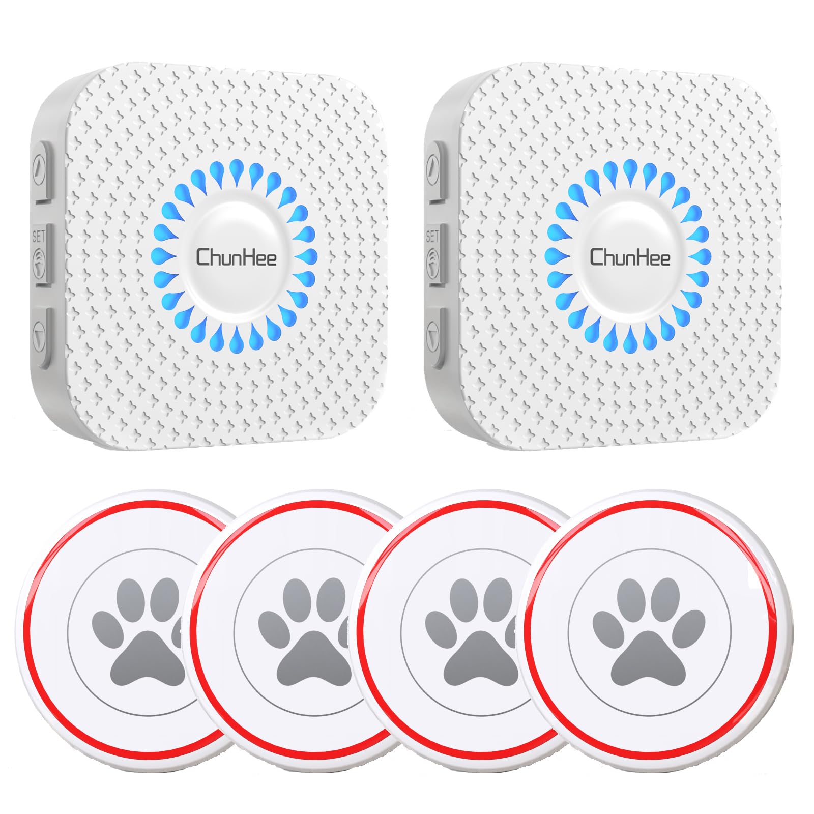 ChunHee Dog Training Bells - Adjustable 0-110db Volume with 55 Chimes, 2 Receivers & 4 Buttons for Potty Training & Outdoor Access - Perfect for Housebreaking Puppies & Teaching Dogs to Signal When They Need to Go Outside