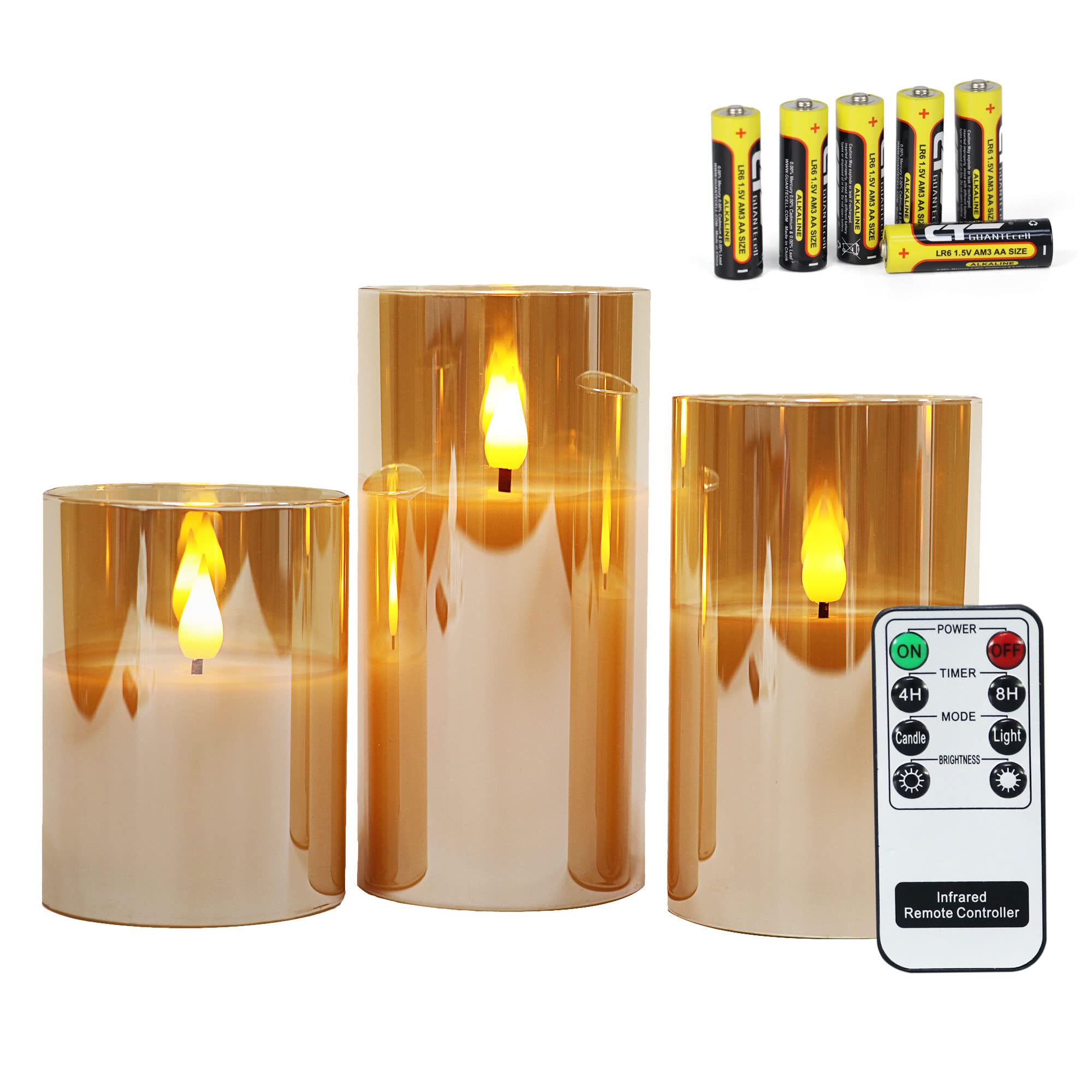 Rhytsing Gold Glass Flameless LED Candles with Remote - 6 Pack Battery Operated Candles Set, Warm White Light (Includes 6 AA Batteries) - Perfect for Weddings, Home Decor, and Romantic Ambiance