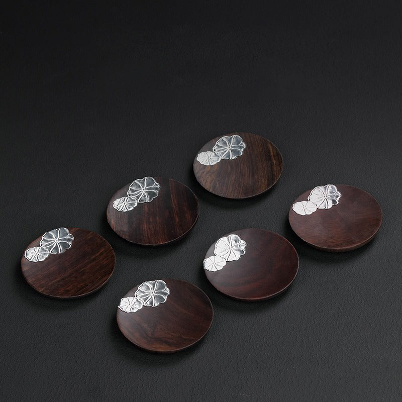Premium Peach Blossom Ebony Wood Coaster Set - Natural Wood Drink Coasters for Coffee, Wine & Cocktails - Elegant Home Bar & Dining Table Decor