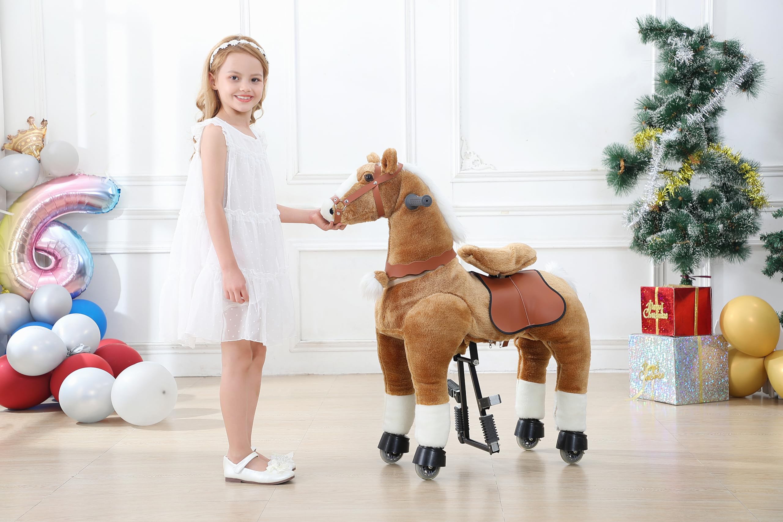 Premium Plush Ride-On Horse Toy for Kids Ages 6-14 | Walking Horse with Wheels | Brown Stuffed Animal Toy (31.5