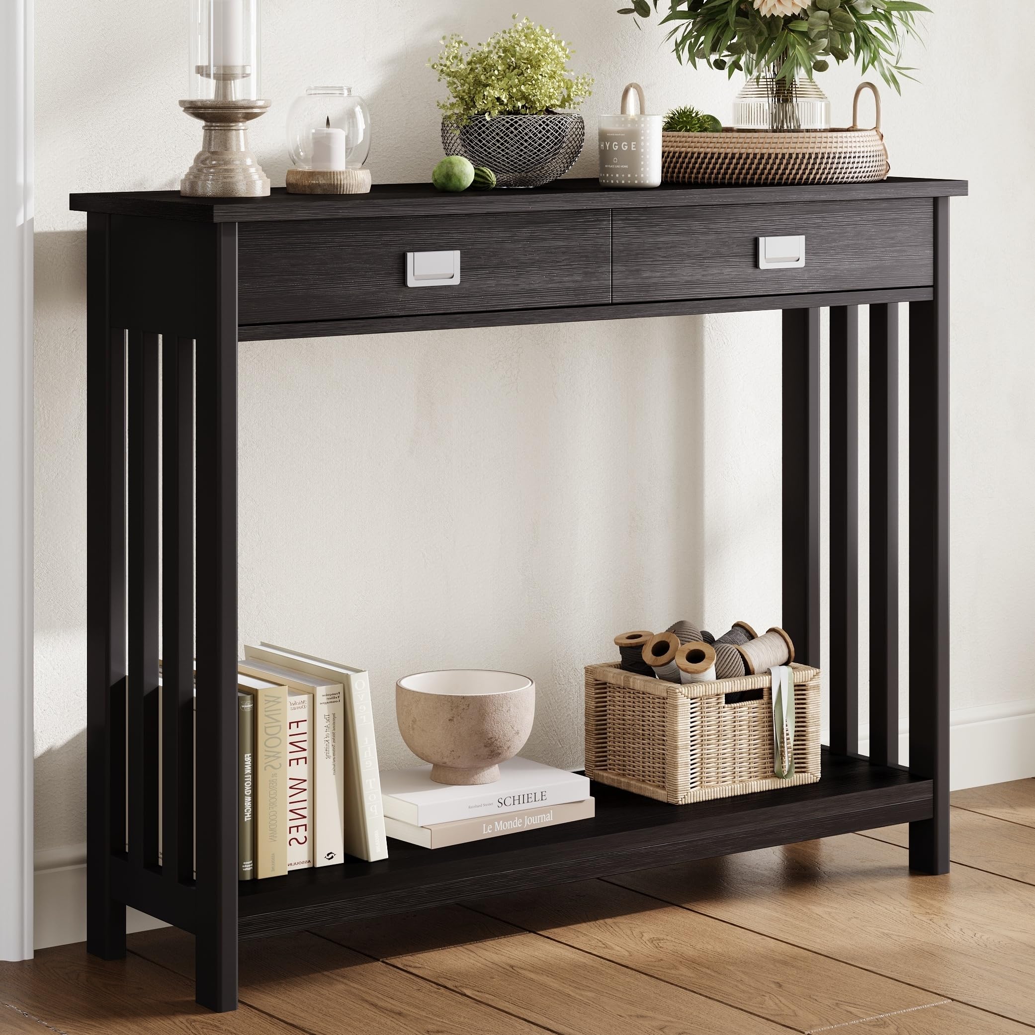 ChooChoo Black Entryway Table with Drawer - Narrow Console Table & Sofa Table with Storage Shelf - Perfect for Entryway, Living Room, Hallway & Small Spaces - Modern Home Decor & Functional Furniture