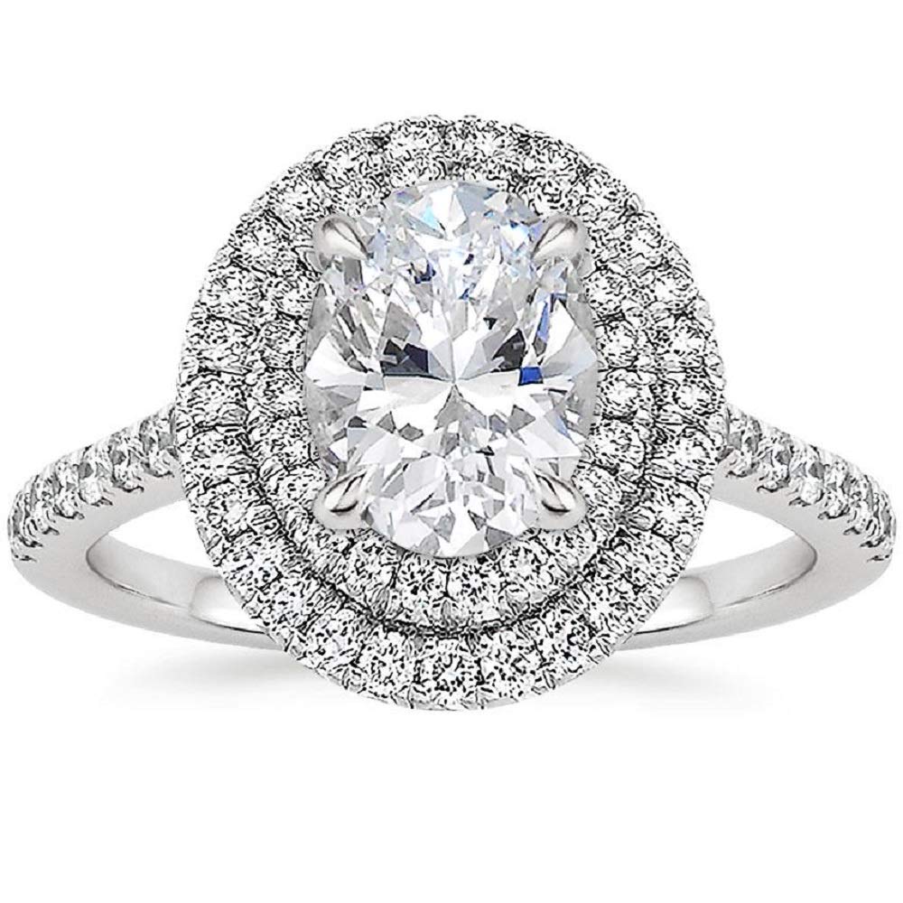 2 Carat Oval Moissanite Engagement Ring - Vintage Solitaire Double Halo Wedding Band in Sterling Silver - Anniversary Promise Ring Gift for Her by Neerja Jewels - Perfect for Proposals, Weddings & Special Occasions