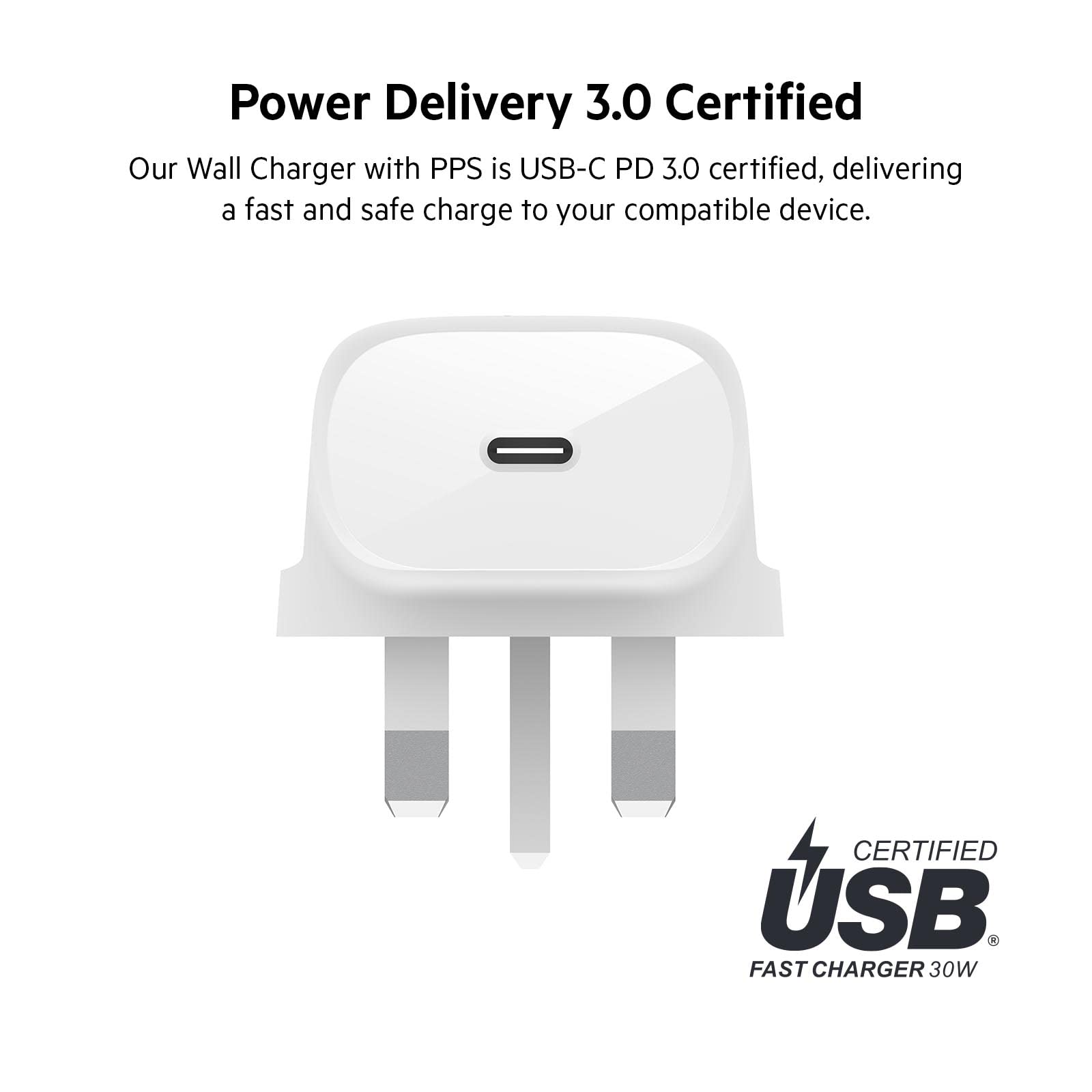 Belkin 30W USB C Wall Charger with PPS & Power Delivery - USB-IF Certified PD 3.0 Fast Charger for iPhone 16/15, Samsung Galaxy S24, iPad, AirPods, MacBook, Google Pixel - Perfect for Home, Office & Travel Charging