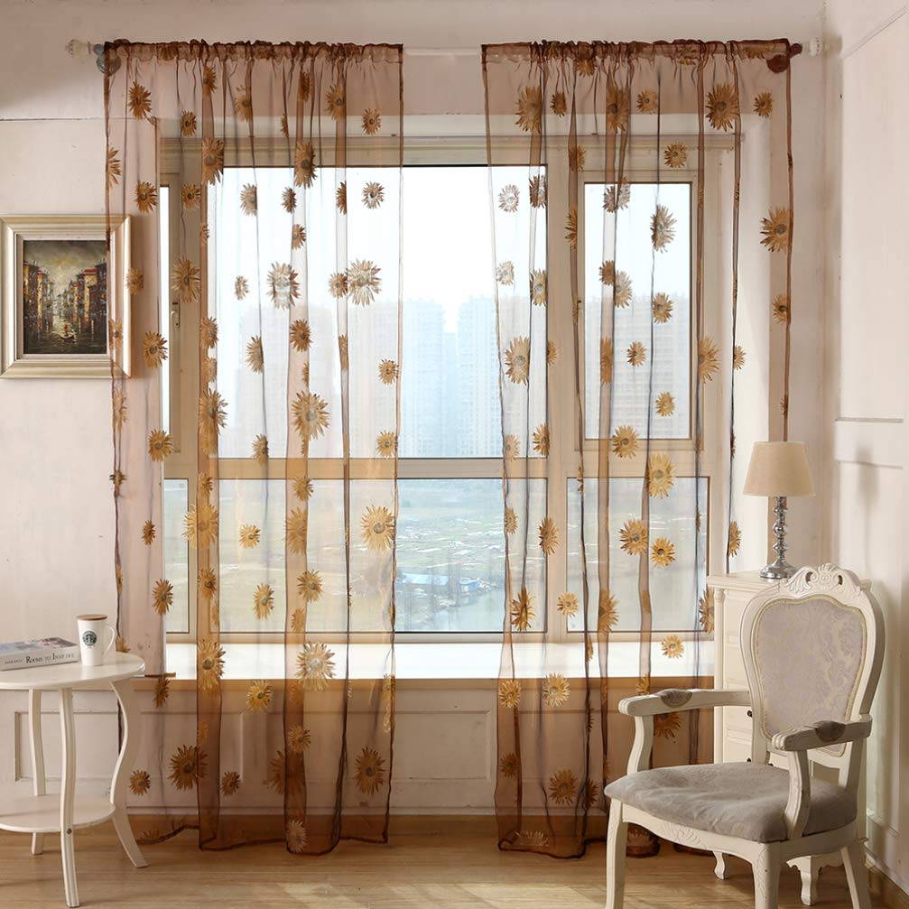 BESPORTBLE Crushed Voile Sheer Curtains - Flax Linen Window Treatments with Sunflower Pattern, Semi-Transparent Tulle Drapes for Living Room & Bedroom (Set of 2 Panels)