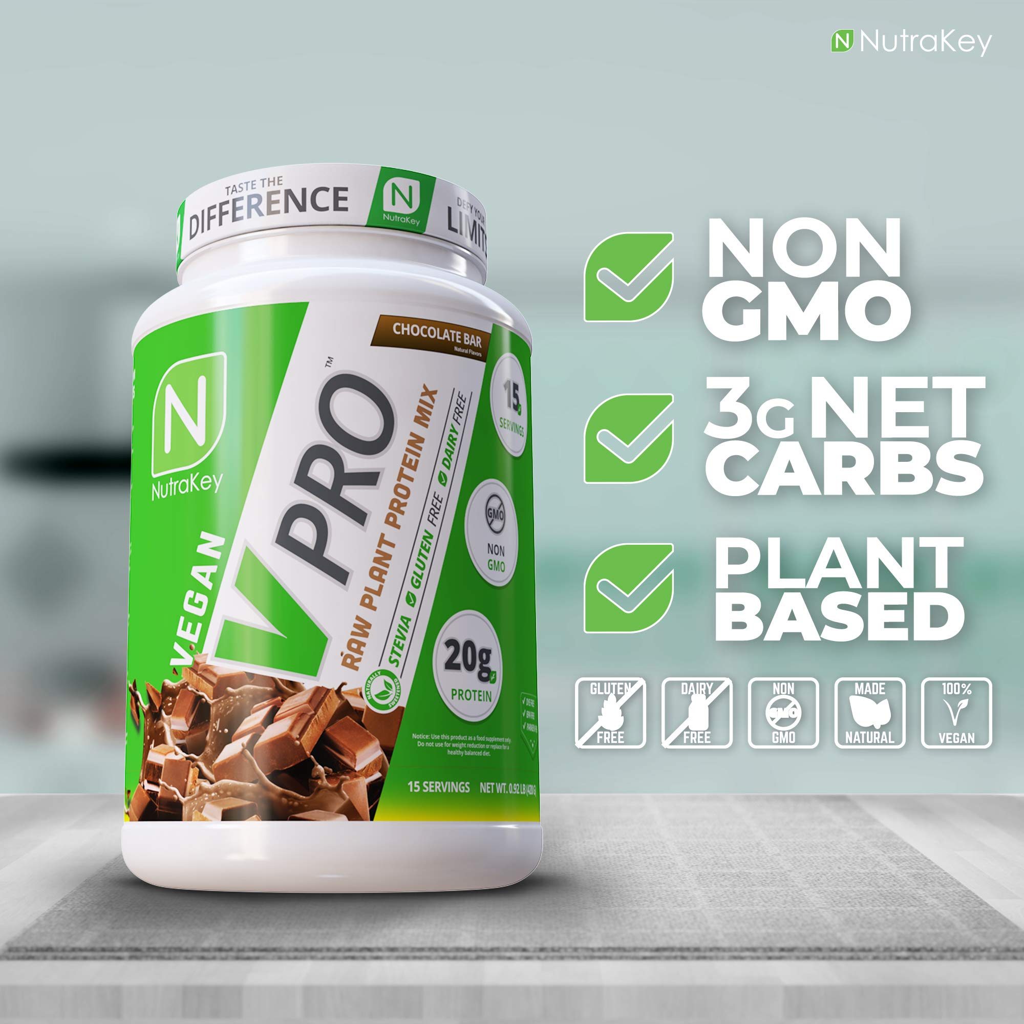 NutraKey V-Pro Organic Vegan Raw Plant Protein Powder - 20g Protein, Low Carb, Gluten Free, Chocolate Flavor (2-Pound) for Smoothies, Baking & Post-Workout Recovery