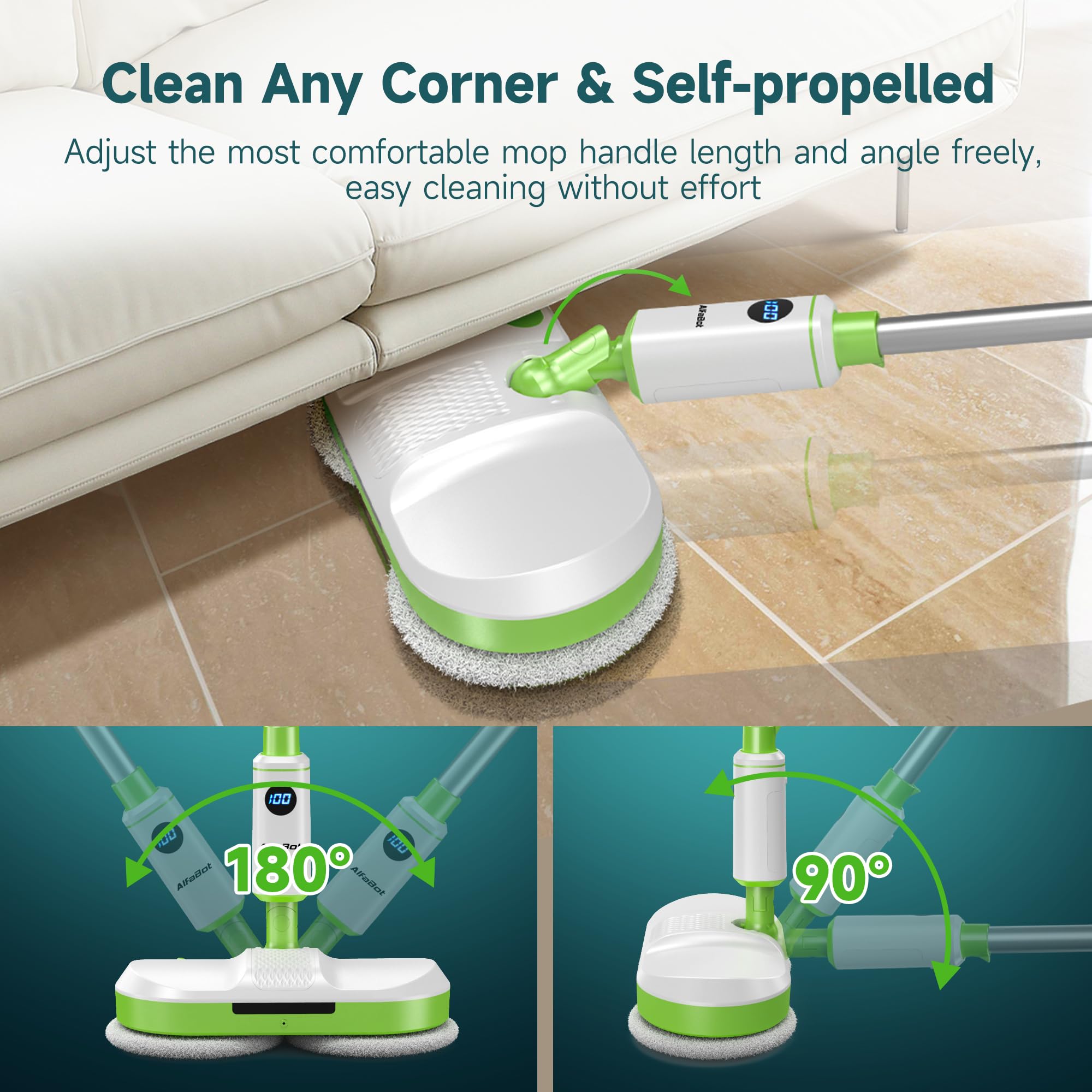 AlfaBot Cordless Electric Spin Mop for Hardwood Floors & Tile - Self-Propelled with LED Headlight, Water Spray & Large 2700 sq ft Capacity - Rechargeable Wet Dry Mop for Home, Kitchen & Pet Hair Cleaning