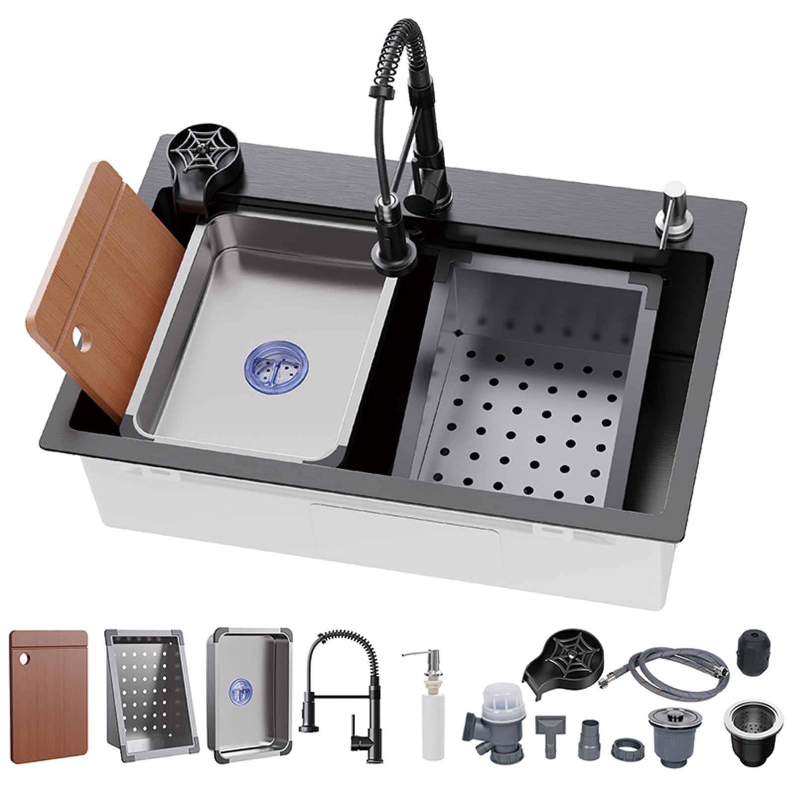29.5 x 17.7 Inch Single Bowl Stainless Steel Kitchen Sink - Drop-In Design with Pull-Down Faucet & Accessories (Black Grey) - Perfect for Modern Kitchens, Small Spaces & DIY Home Renovations
