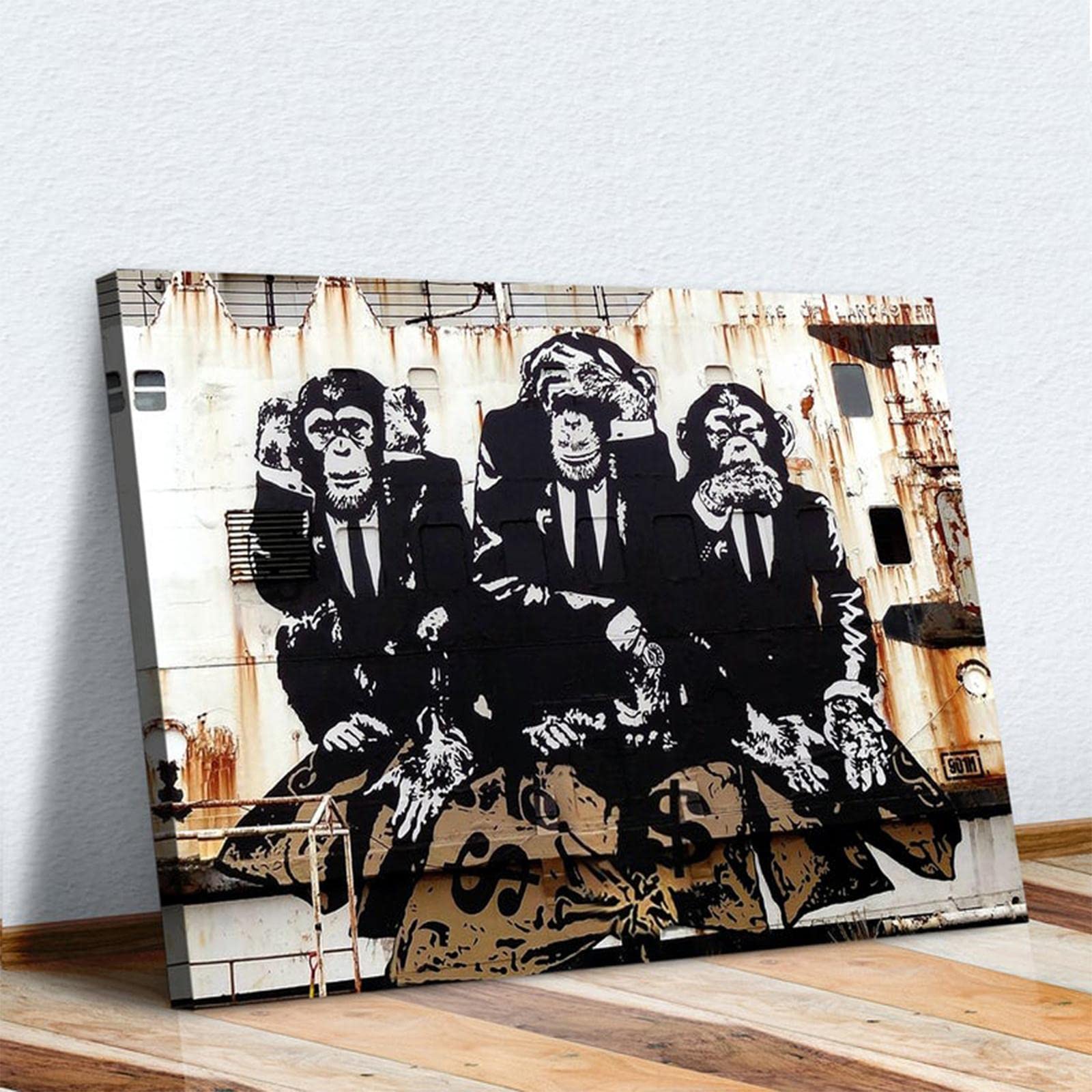 Banksy 3 Wise Monkeys Canvas Wall Art - Gorilla Street Art Painting with Inner Frame (70x100cm/28×43 inches) - Ready to Hang Animal Graffiti Wall Decor for Living Room, Bedroom & Office