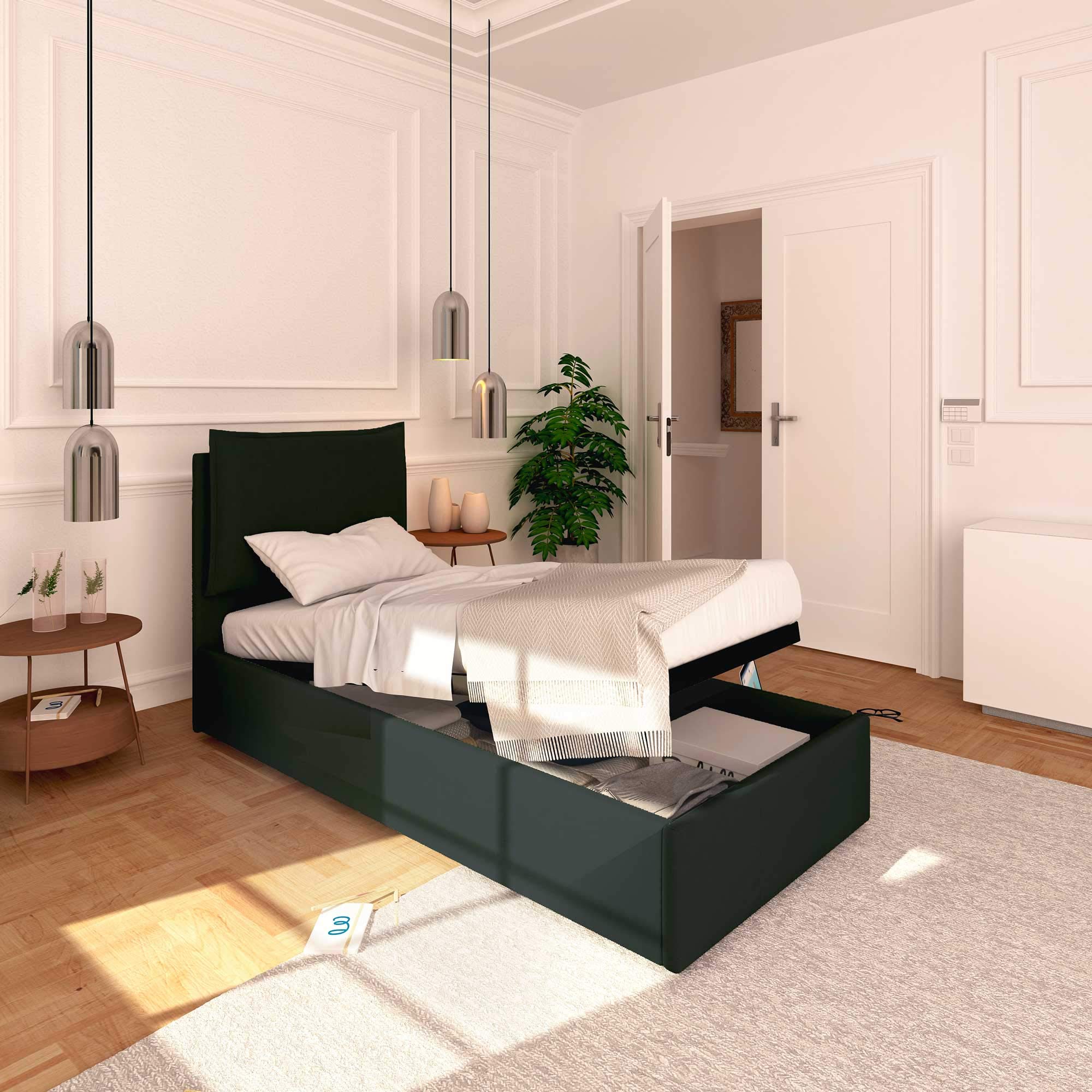 Baldiflex Single Bed Frame with Storage - Licia Model, Synthetic Leather Upholstery, Slatted Base for Single Mattresses, 90 x 190 cm, Padded Headboard, Black - Perfect for Small Bedrooms, Guest Rooms & Studio Apartments