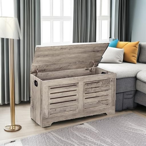 DINZI LVJ Wooden Storage Chest - Flip-Top Toy Box with Safety Hinges, Retro Entryway Shoe Bench, Large Sturdy Trunk for Living Room & Bedroom - Easy Assembly, Greige - Perfect for Kids' Room Organization & Entryway Storage