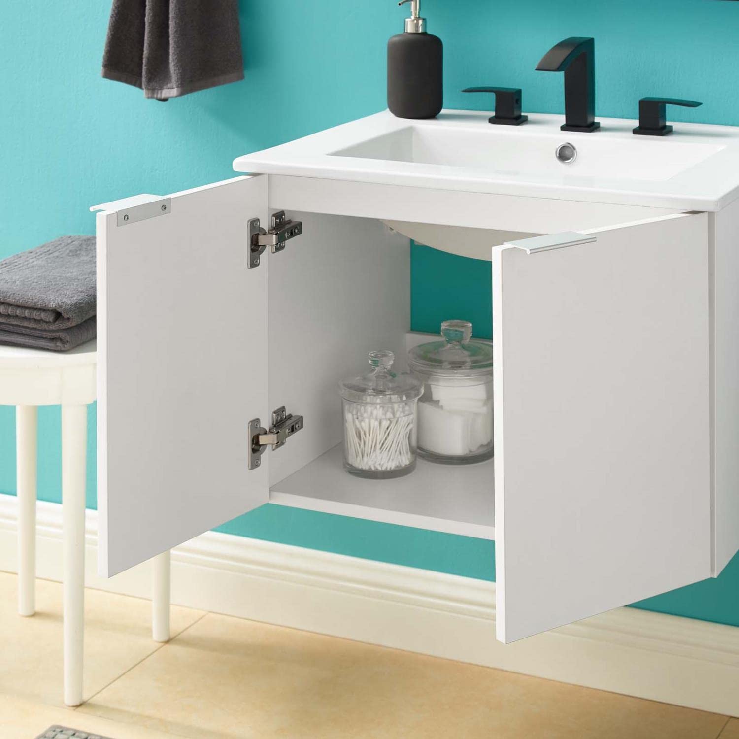 Modway Maybelle 24 Inch White Wall-Mounted Bathroom Vanity with Sink - Space Saving Modern Design for Small Bathrooms, Powder Rooms & Apartments