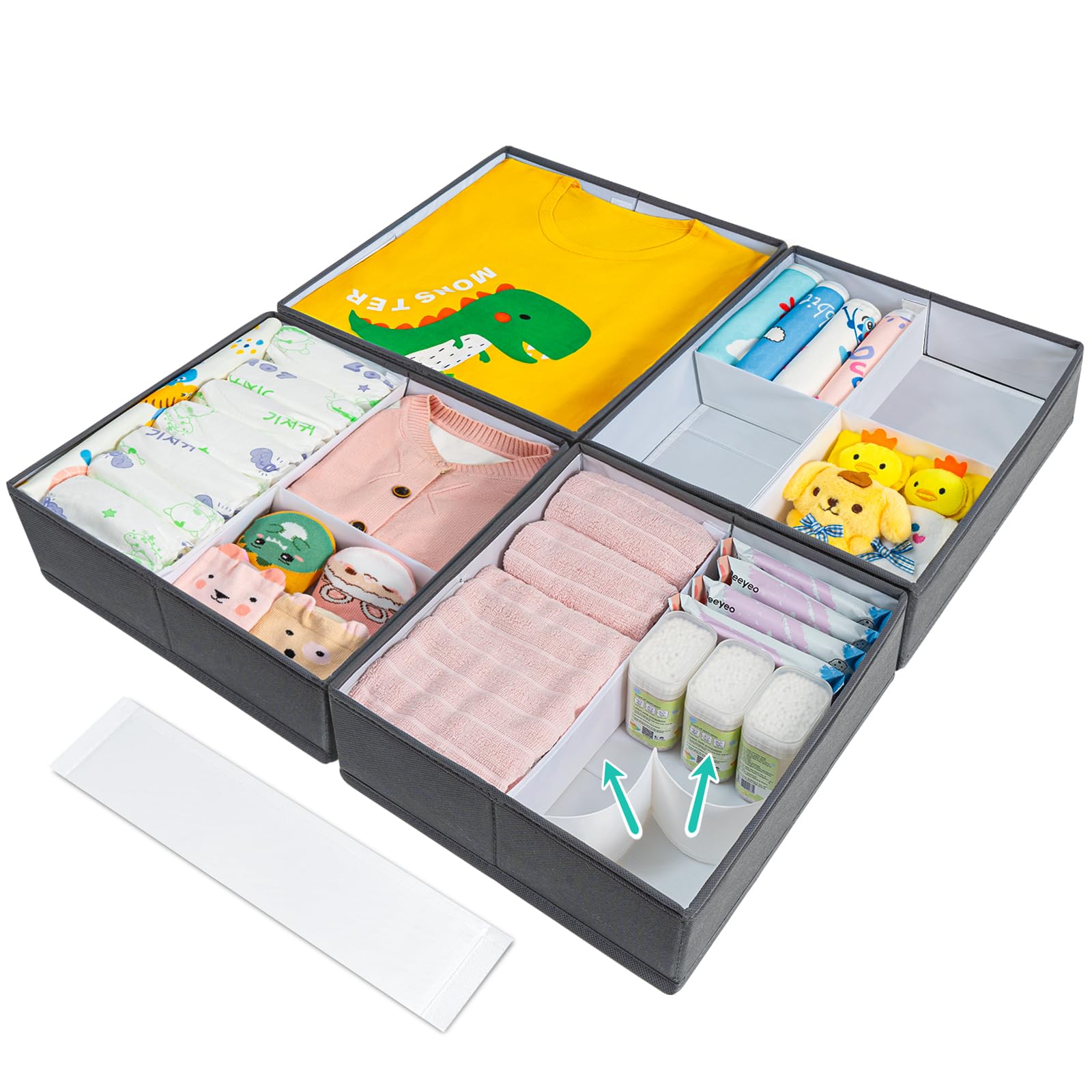 Adjustable Baby Clothes Organizer Set - 4PCS Foldable Nursery Closet & Drawer Dividers for Diapers, Toys, Bibs, Socks | Space-Saving Storage Solution for Kids' Room Organization (Gray) - Perfect for Nursery, Daycare & Travel Baby Essentials Storage