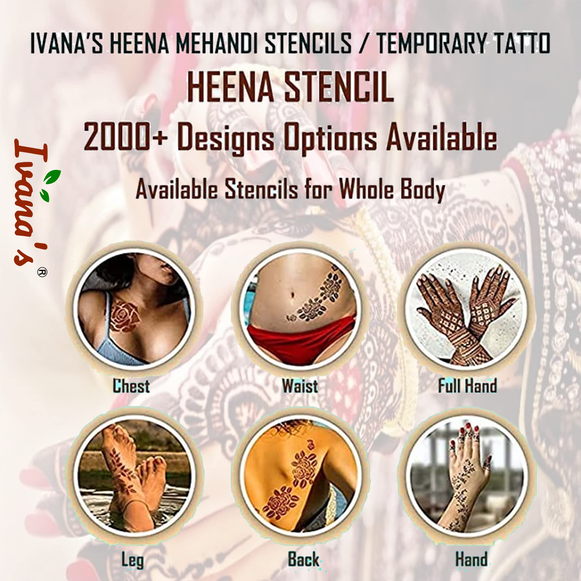 8-Piece Henna Stencil Kit (2 Henna Tattoo Stencils + 6 Reusable Laser-Cut PVC Stencils) for Women, Girls & Kids - Easy Application Mehndi Stickers for Full Hand Designs - Perfect for Weddings, Festivals & DIY Body Art - IVNH-1079