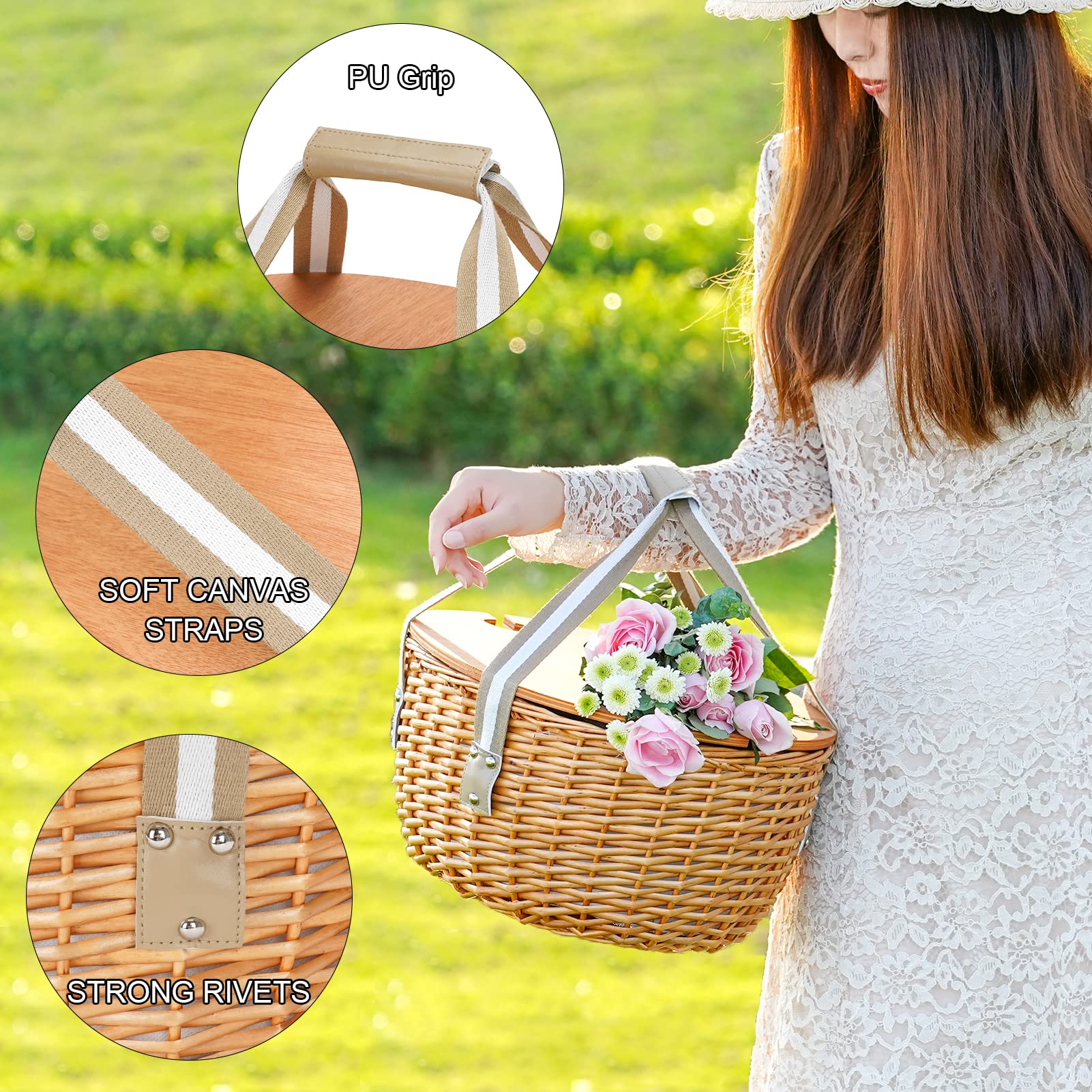 STBoo 4-Person Picnic Basket Set - Insulated Wicker Picnic Hamper with Wine Holder & Cooler Bag | Perfect for Outdoor Camping, Beach, Romantic Dates, Family Gatherings & Holiday Gifts (Beige)