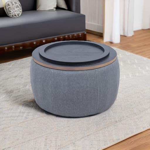 Modern Round Storage Ottoman with Wooden Lid - Handmade Circle Coffee Table, End Table & Footstool for Living Room - Dark Gray - Perfect for Small Spaces, Home Decor & Extra Seating