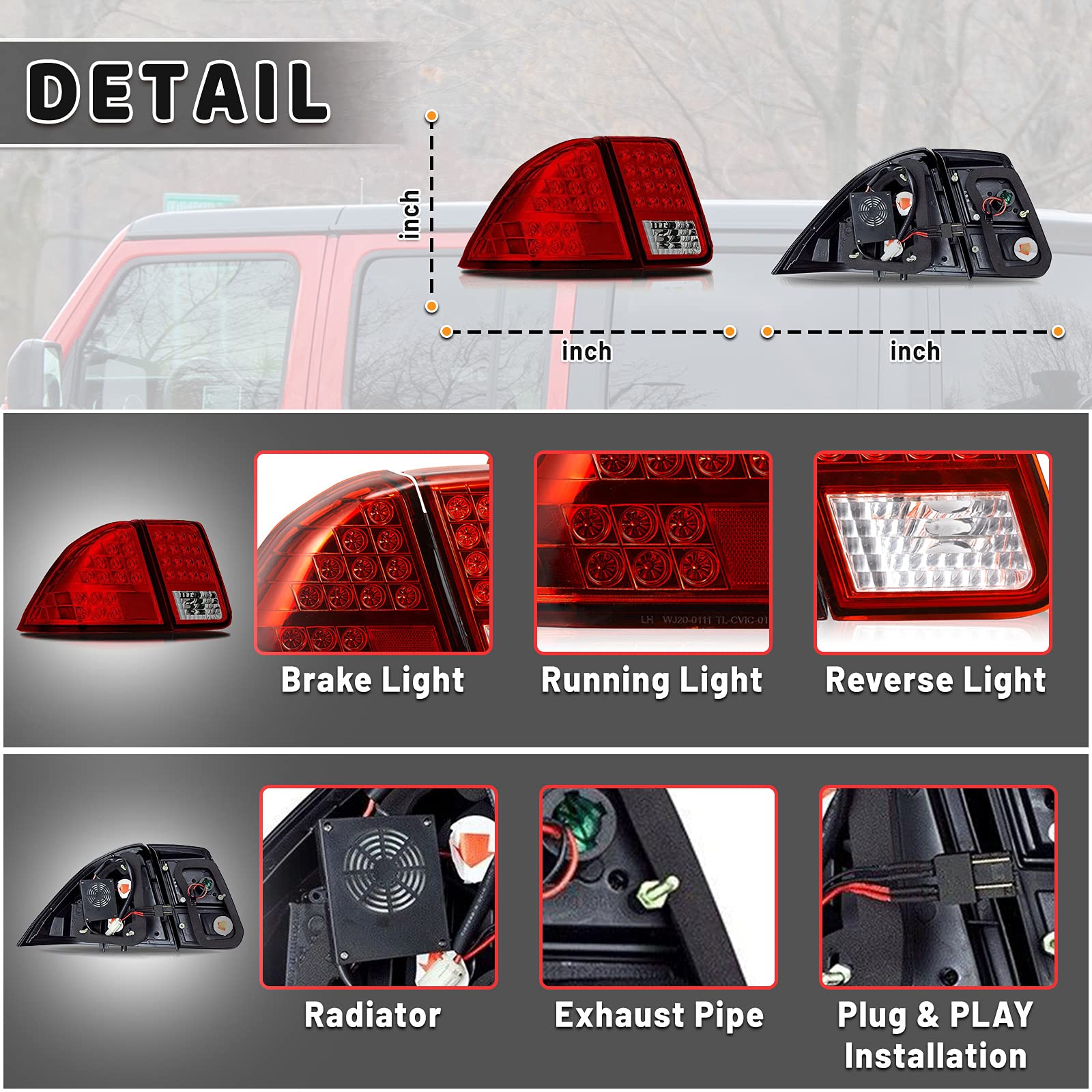 AUTOWIKI LED Tail Lights for 2001-2005 Honda Civic 4-Door Sedan - Red Rear Lamp Assembly (1 Pair) - Perfect for Night Driving & Car Upgrades