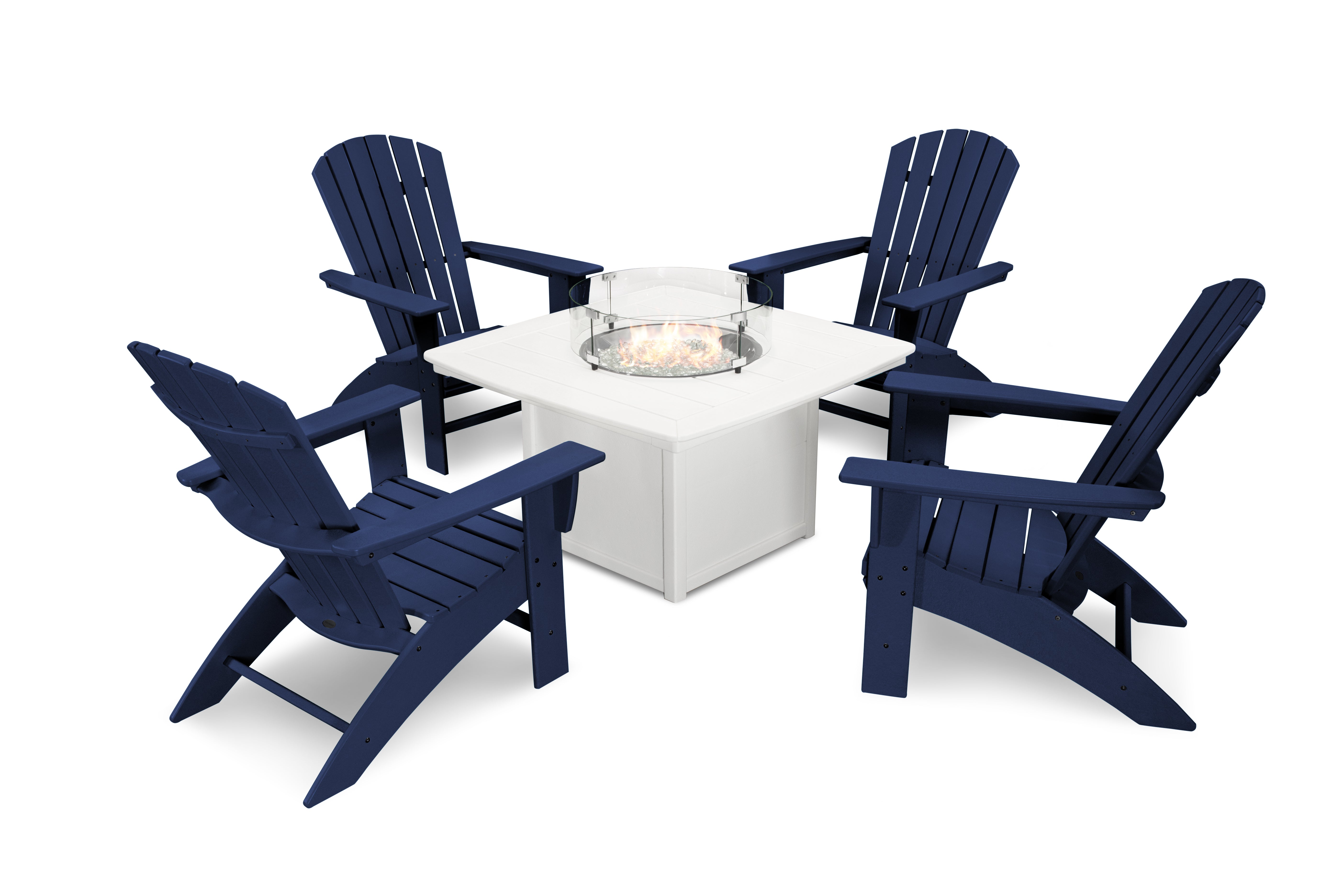 POLYWOOD Nautical Curveback Adirondack 5-Piece Outdoor Conversation Set with Fire Pit Table - Perfect for Patio, Deck, Poolside & Backyard Relaxation