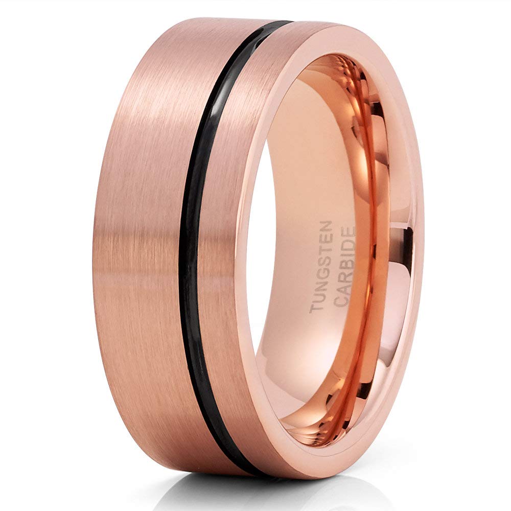 18K Rose Gold Tungsten Wedding Band for Men & Women - Durable Tungsten Carbide Ring with Offset Groove & Comfort Fit - Perfect Engagement Ring, Anniversary Ring & Promise Ring for Couples (Ideal for Weddings, Proposals & Special Occasions)
