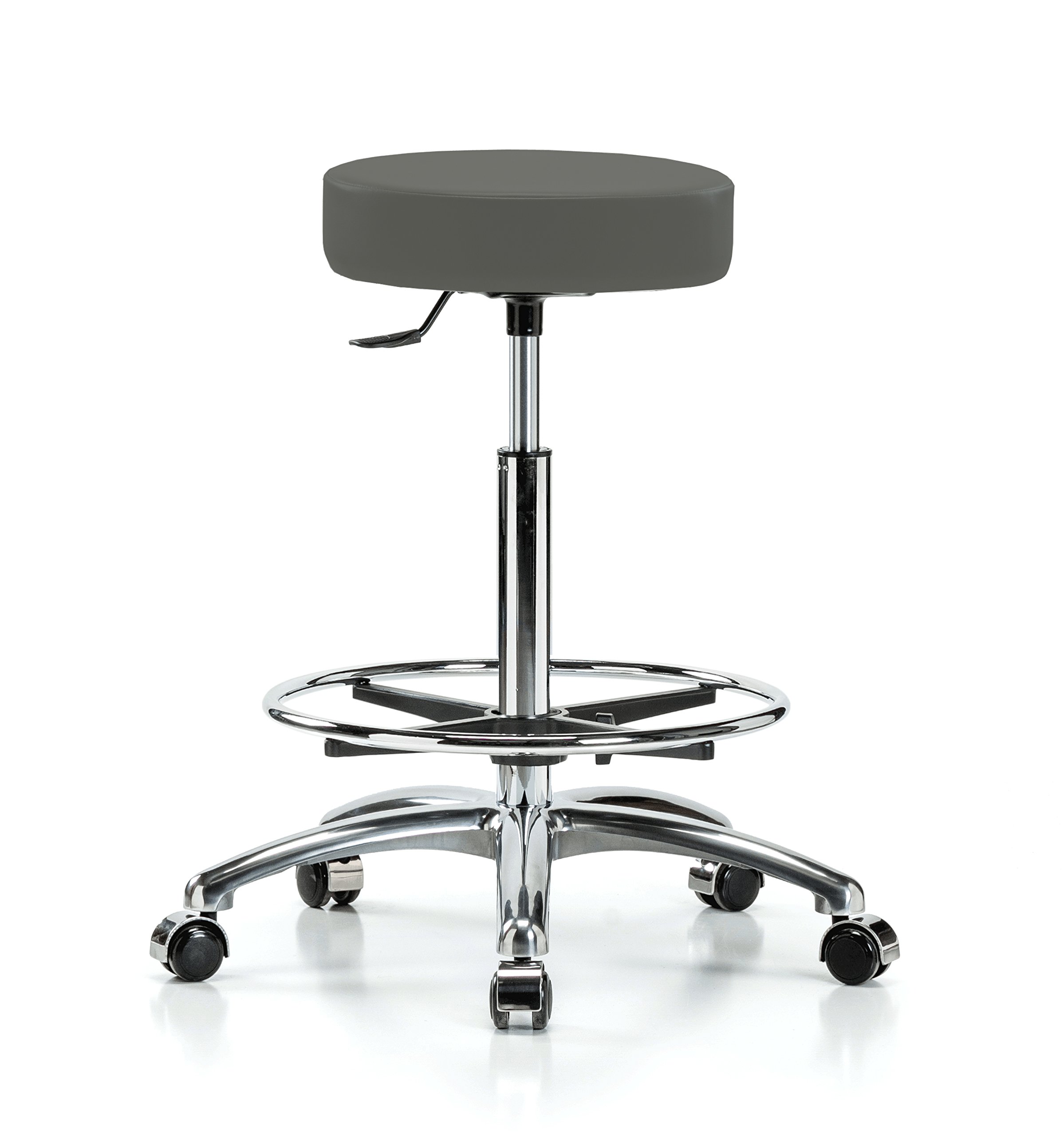 Adjustable Chrome Rolling Swivel Stool with Foot Ring - Counter Height Bar Stool for Kitchen Island, Office & Workshop - Vinyl Upholstered Seat for Hardwood/Tile Floors (Charcoal)