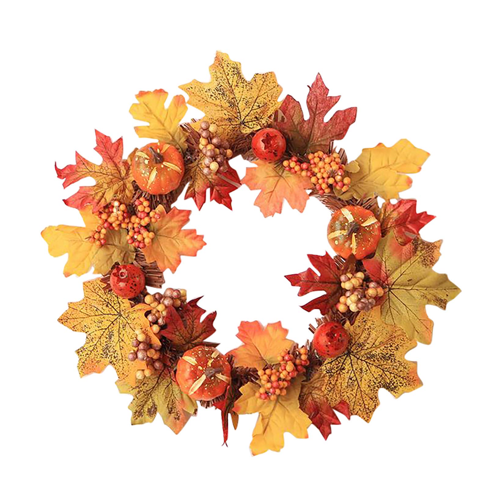 Autumn Maple Leaf Wreath with Pumpkins - Colorful Fall Door Hanging Decor for Thanksgiving, Halloween & Home Decoration (Indoor/Outdoor Use)