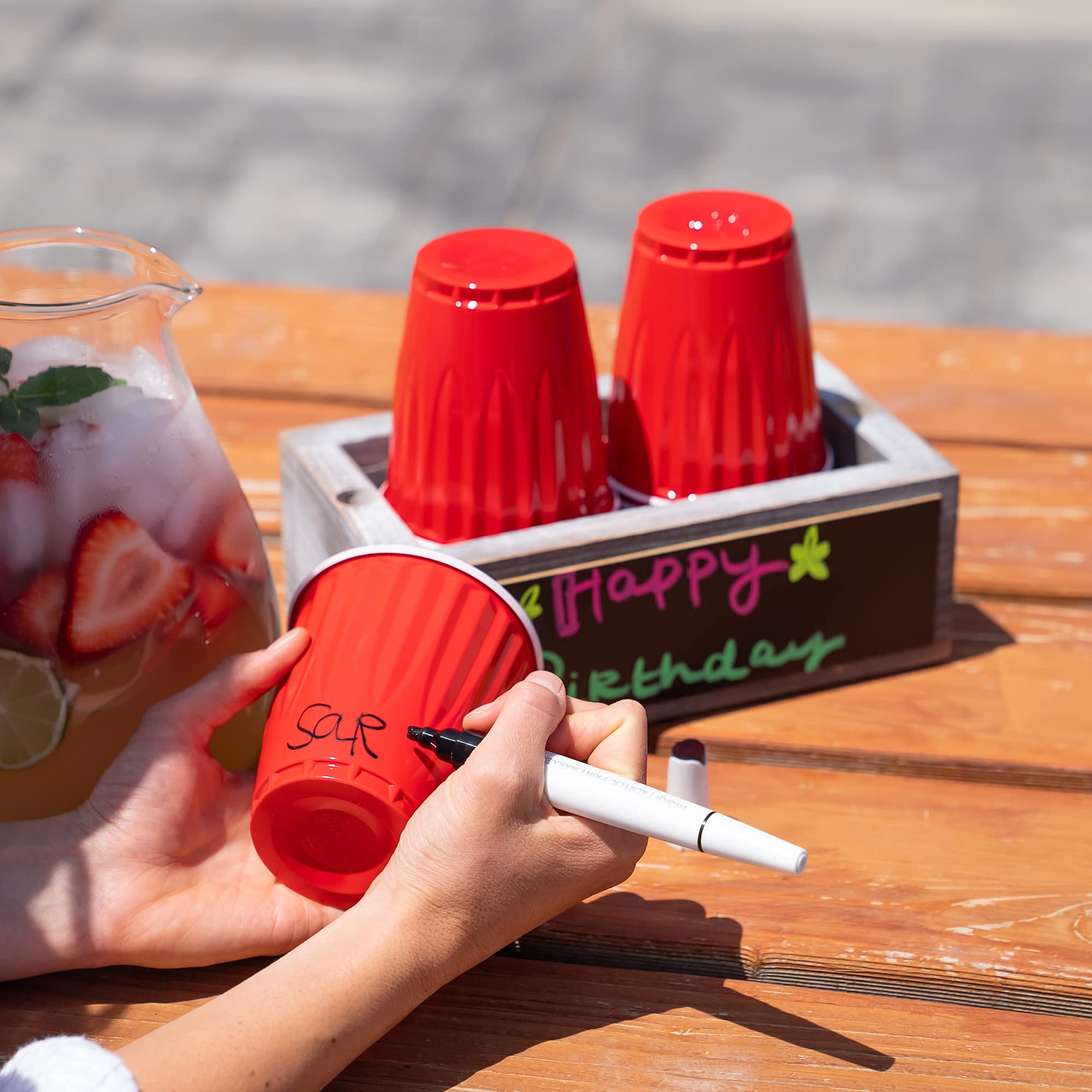 Double Cup Holder with Marker Slot & Chalkboard - Includes 8 Chalk Markers & Drink Labels - Plastic Organizer for Bathroom Cups, Red Party Cups & Disposable Drinkware - Perfect for Home, Office & Party Events