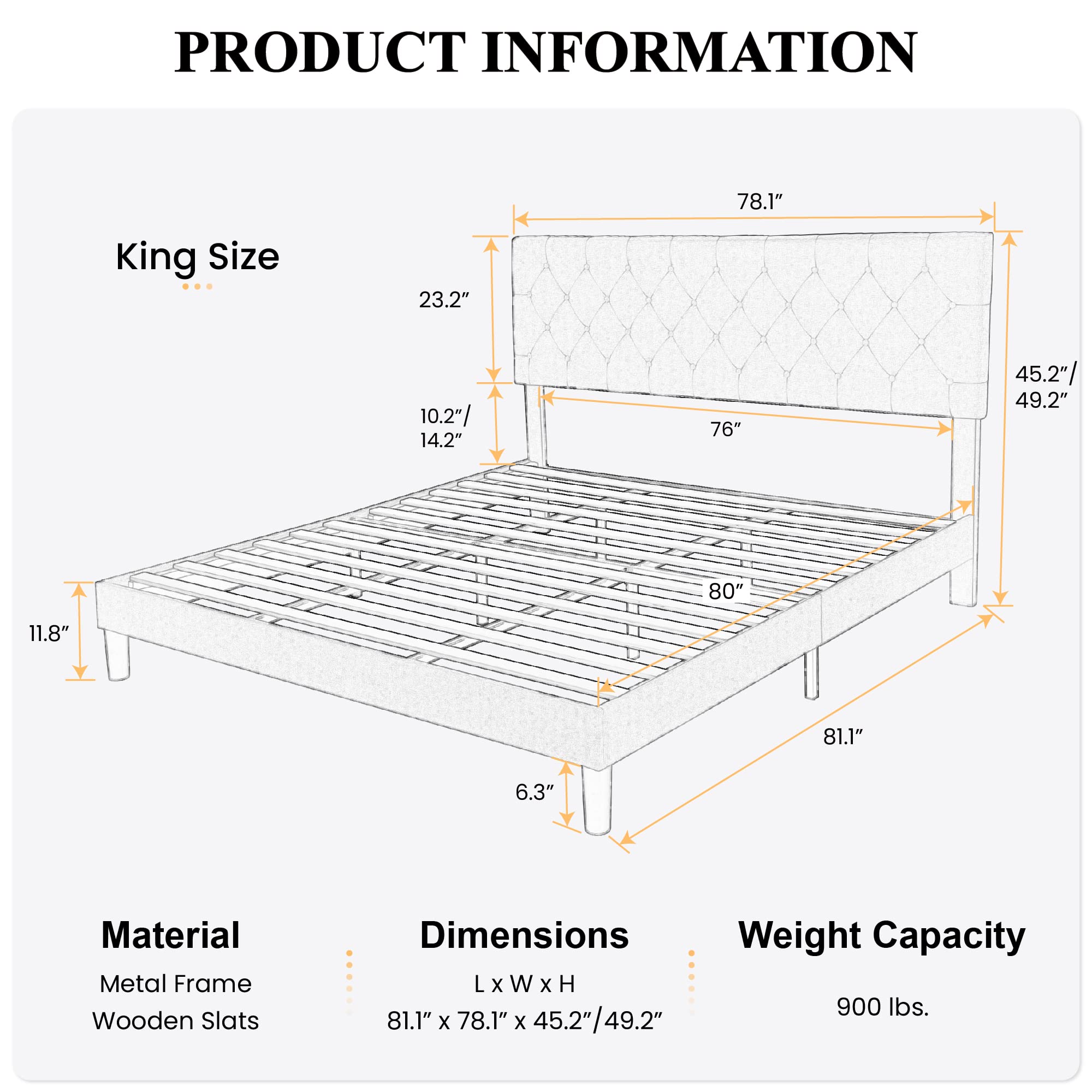 SHA CERLIN King Size Bed Frame with Button Tufted Headboard - Upholstered Fabric Platform Bed with Wooden Slats, No Box Spring Required, Beige - Perfect for Master Bedroom, Guest Room & Modern Home Decor
