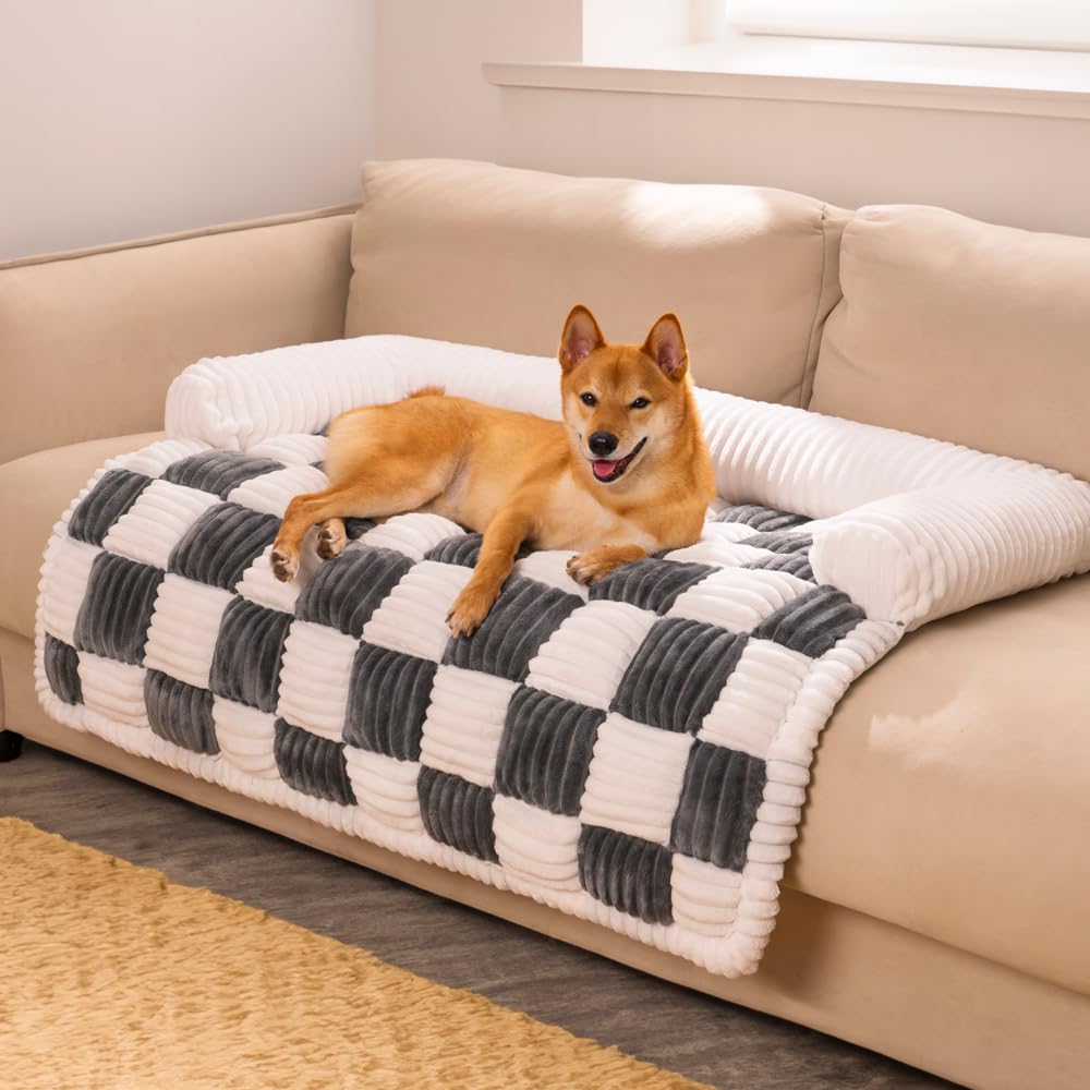 FunnyFuzzy Pet Couch Cover for Dogs & Cats - Soft Fuzzy Sofa Protector in Cream Square Plaid - Large Black Furniture Protector for Living Room & Bedroom