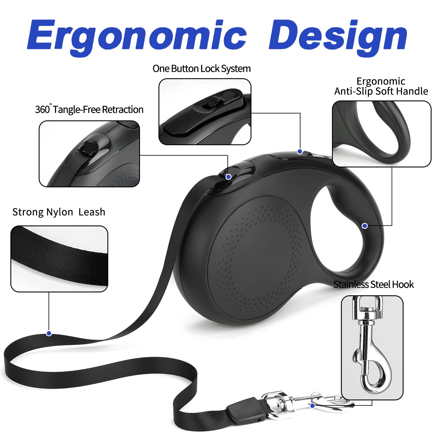 26FT Retractable Dog Leash for Small to Large Dogs up to 110lbs - Heavy Duty 360° Tangle-Free with Anti-Slip Handle & One Button Lock - Perfect for Walking, Running, Hiking and Outdoor Adventures with Your Pet