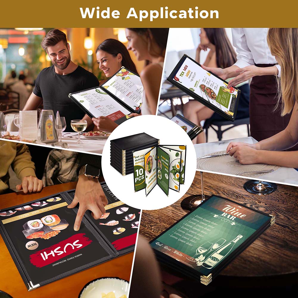 10-Pack PU Leather Menu Covers with PVC Holders - 8.5x14 Inches, 8-Pocket View - Perfect for Restaurants, Cafes, and Events