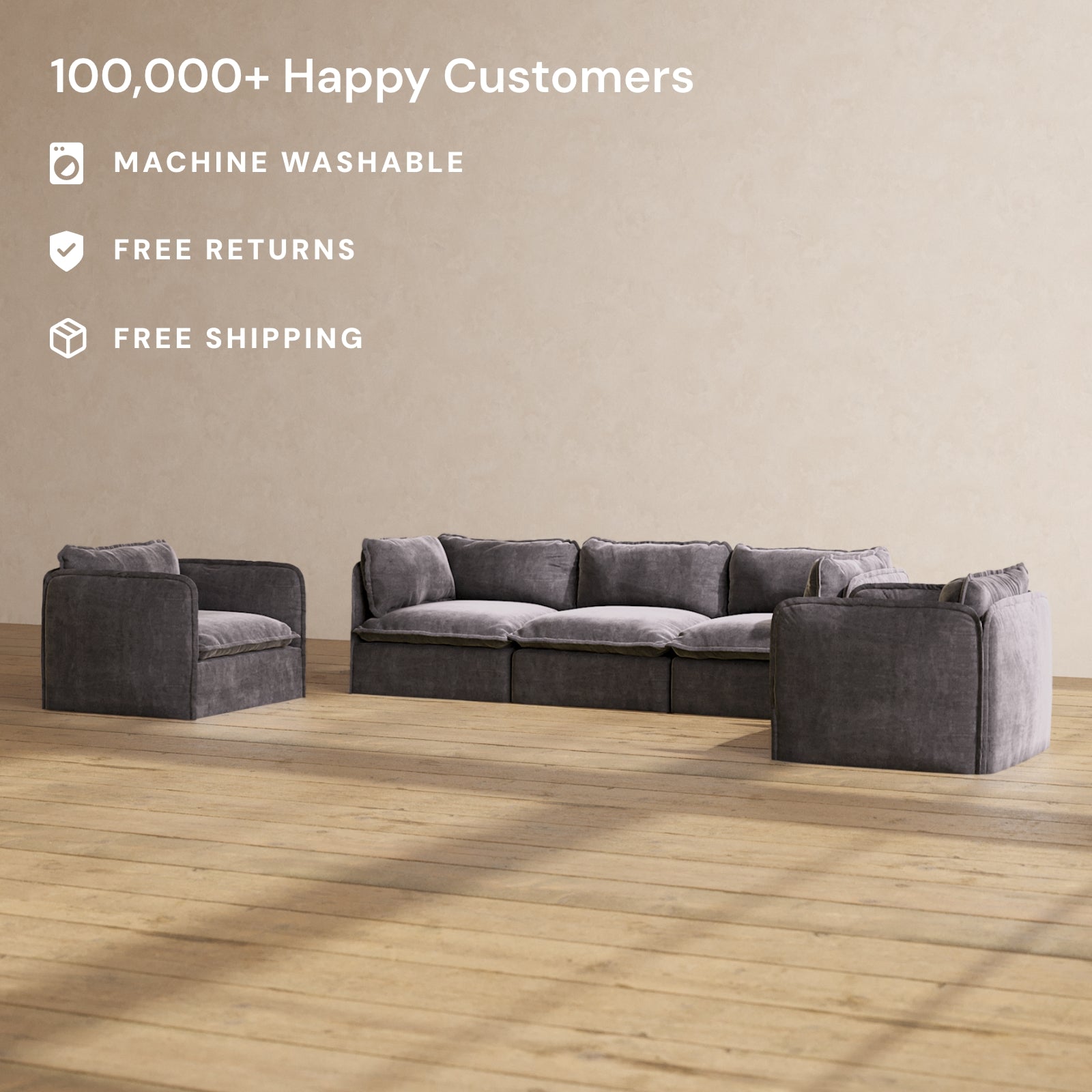 Premium Modular 3-Seater Sofa with Armchair Set in Cinder Gray - Luxury Blend Fabric for Living Room, Lounge & Home Theater Comfort