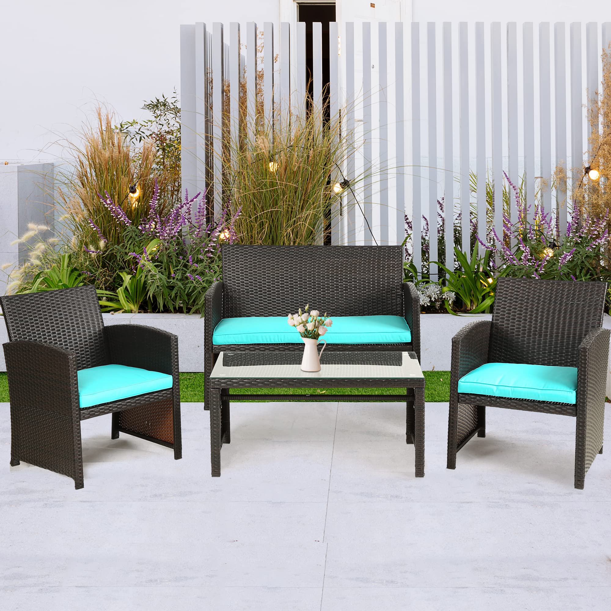 Premium 4-Piece Wicker Rattan Patio Furniture Set with Blue Cushions - Outdoor Conversation Set for Garden, Porch, Poolside & Balcony - Durable FDW Lawn Chairs Perfect for Relaxing & Entertaining