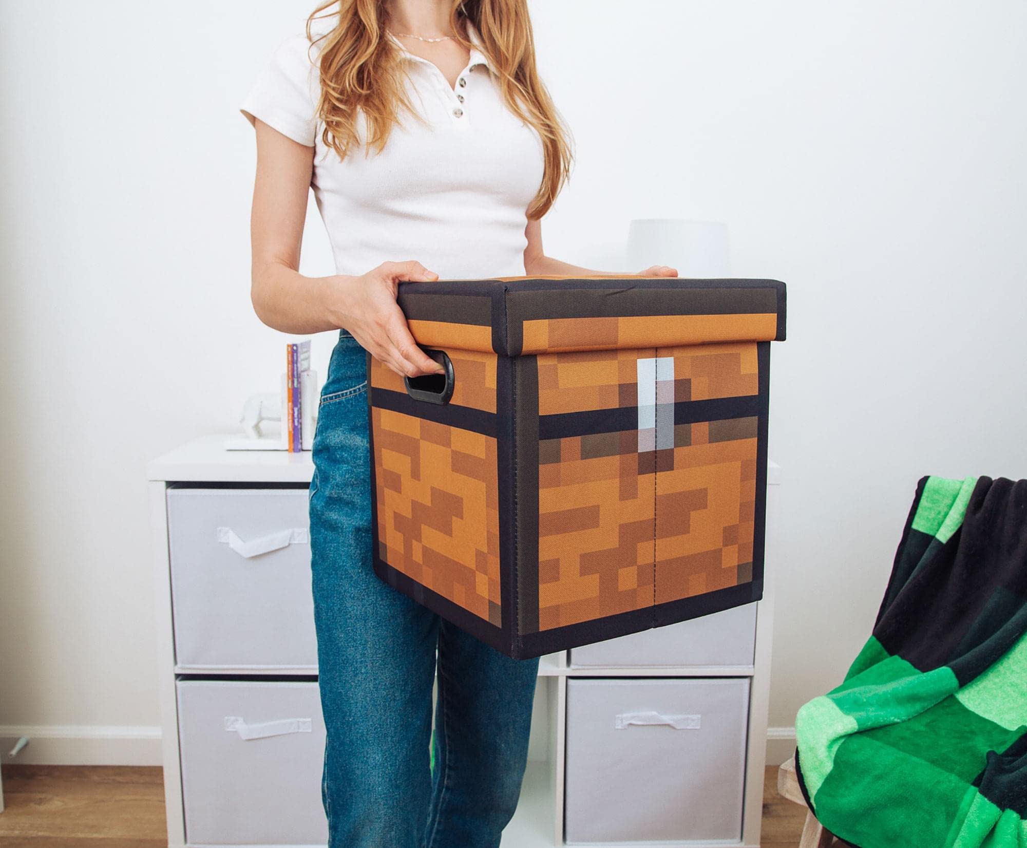 13-Inch Foldable Fabric Storage Bin with Lid - Brown Minecraft Chest Organizer for Shelves & Closets | Cube Basket with Handles | Perfect for Home Organization, Video Game Decor & Gifts | Great for Bedroom, Playroom & Office Storage Solutions
