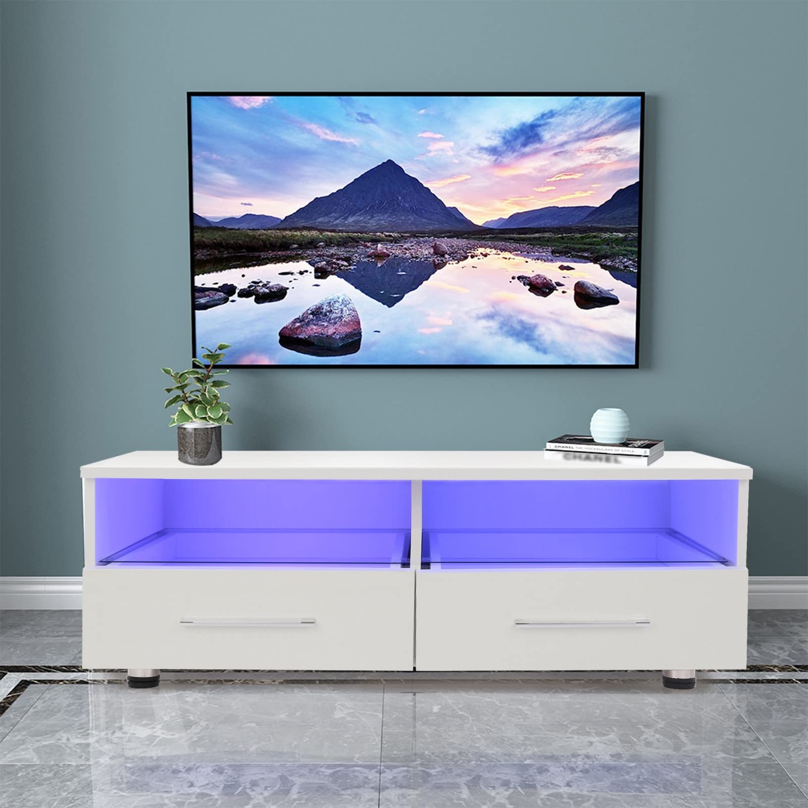 Modern 100cm White High Gloss TV Stand with 2 Drawers & LED Lights - Slim Entertainment Center for Living Room, Bedroom - Perfect for Women's Birthday Gift (White, 903)
