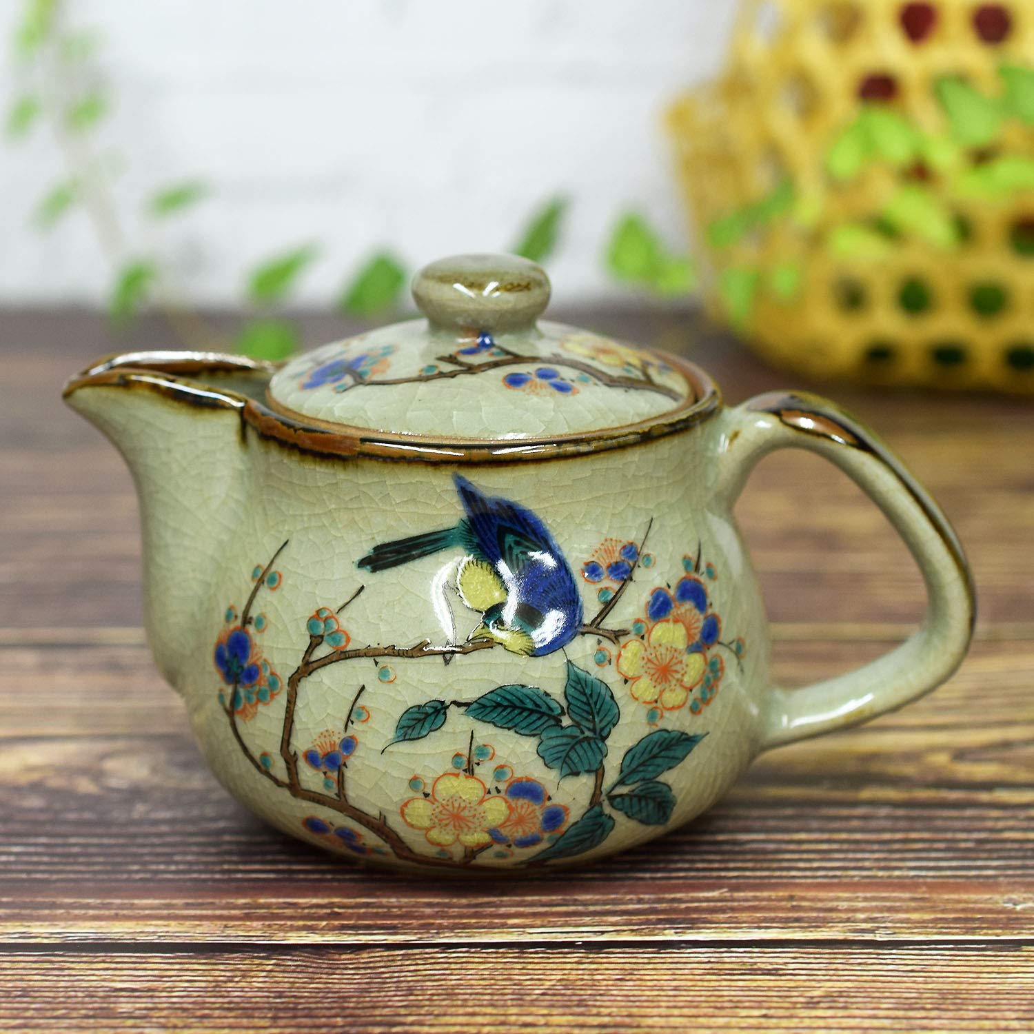Japanese Kutani Pottery Teapot with Floral & Bird Design - Includes Tea Strainer | Perfect for Traditional Tea Ceremonies & Home Decor