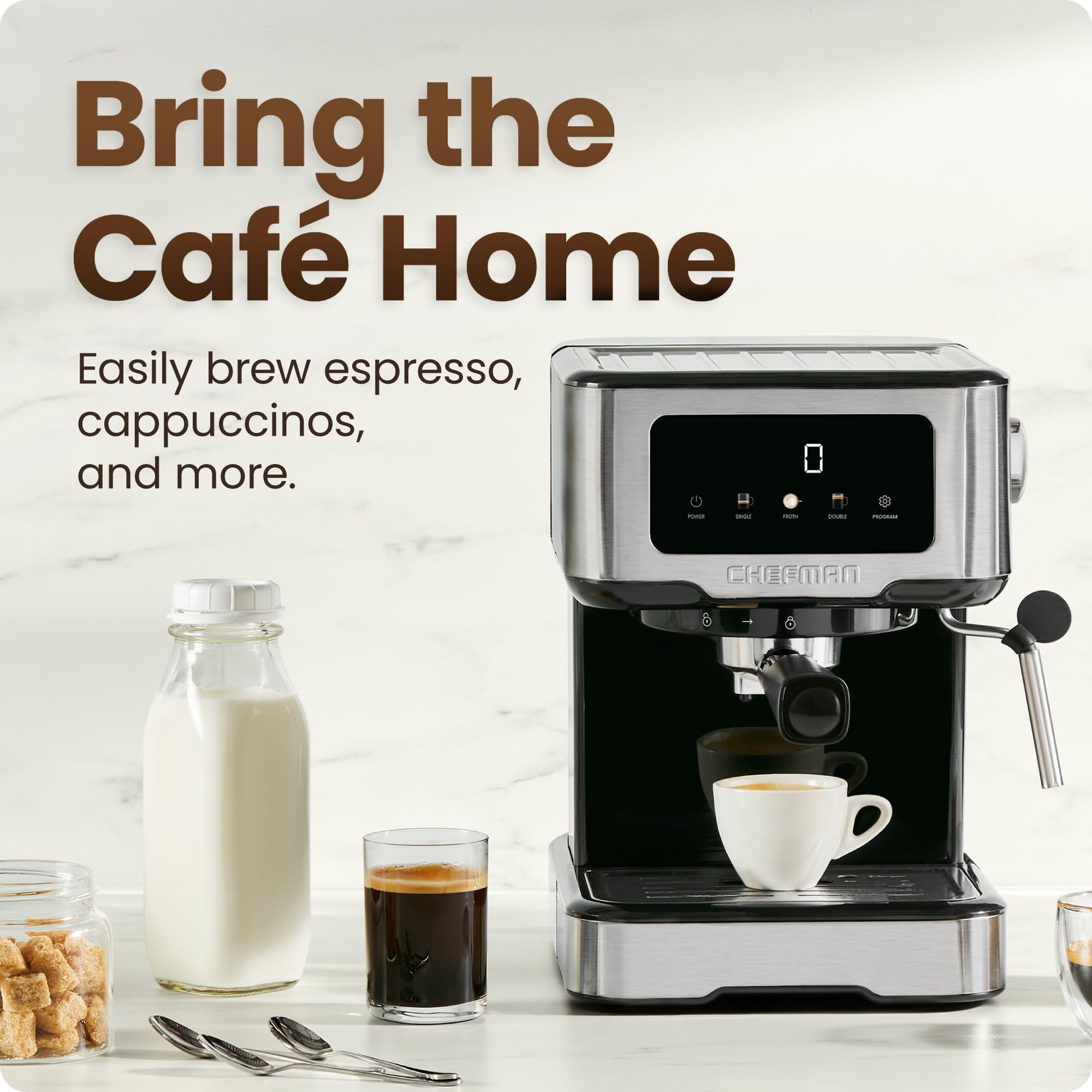 Chefman CraftBrew 15-Bar Espresso Machine with Steam Wand - Compact Stainless Steel Coffee Maker for Latte & Cappuccino, 1.8L Removable Water Tank | Perfect for Home Baristas & Small Kitchens